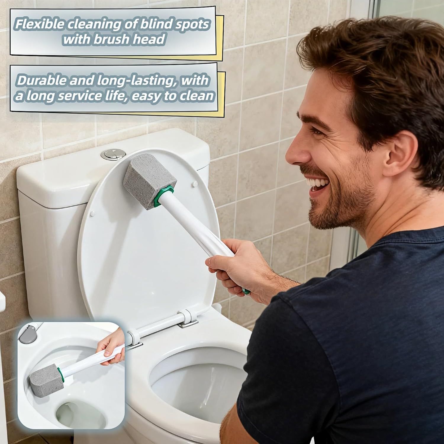 Pumice Toilet Brush Scrubber with 9.5” Handle - 1 Scrubber + 4 Pumice Stones - Remove Hard Water Stains, Rust & Lime from Toilet, Tub, Tile, Grill & Pool - No-Scratch, Easy Grip - Image 3