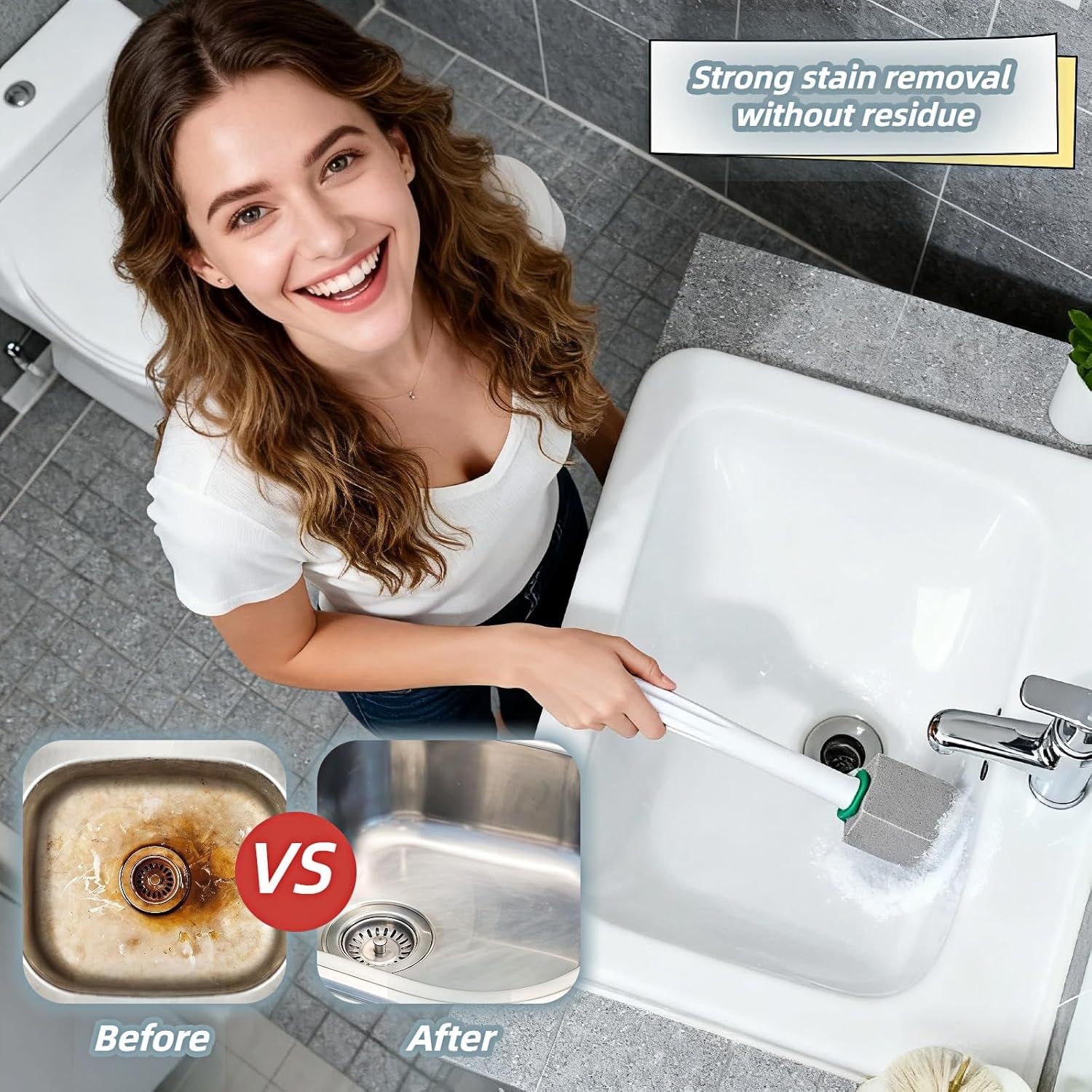 Pumice Toilet Brush Scrubber with 9.5” Handle - 1 Scrubber + 4 Pumice Stones - Remove Hard Water Stains, Rust & Lime from Toilet, Tub, Tile, Grill & Pool - No-Scratch, Easy Grip - Image 6