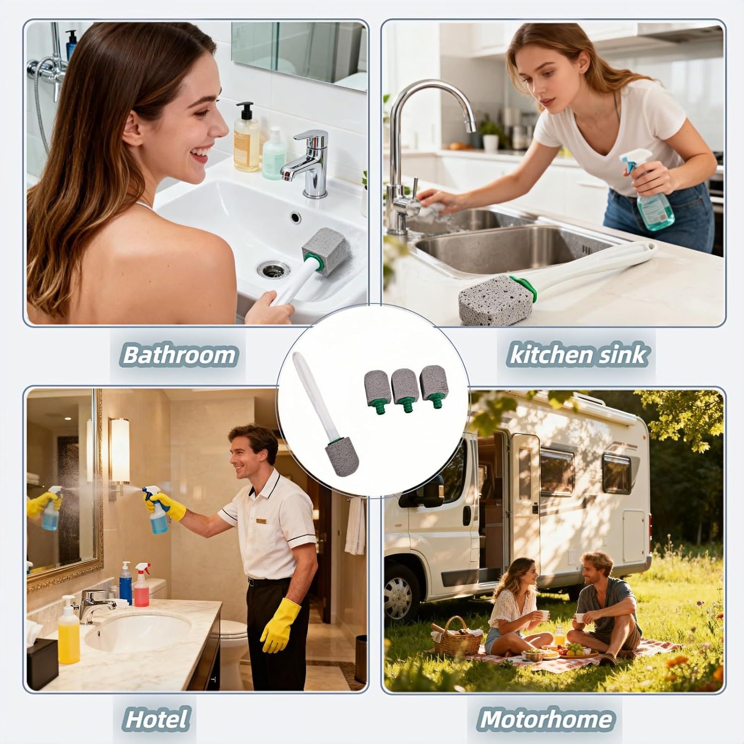 Pumice Toilet Brush Scrubber with 9.5” Handle - 1 Scrubber + 4 Pumice Stones - Remove Hard Water Stains, Rust & Lime from Toilet, Tub, Tile, Grill & Pool - No-Scratch, Easy Grip - Image 7