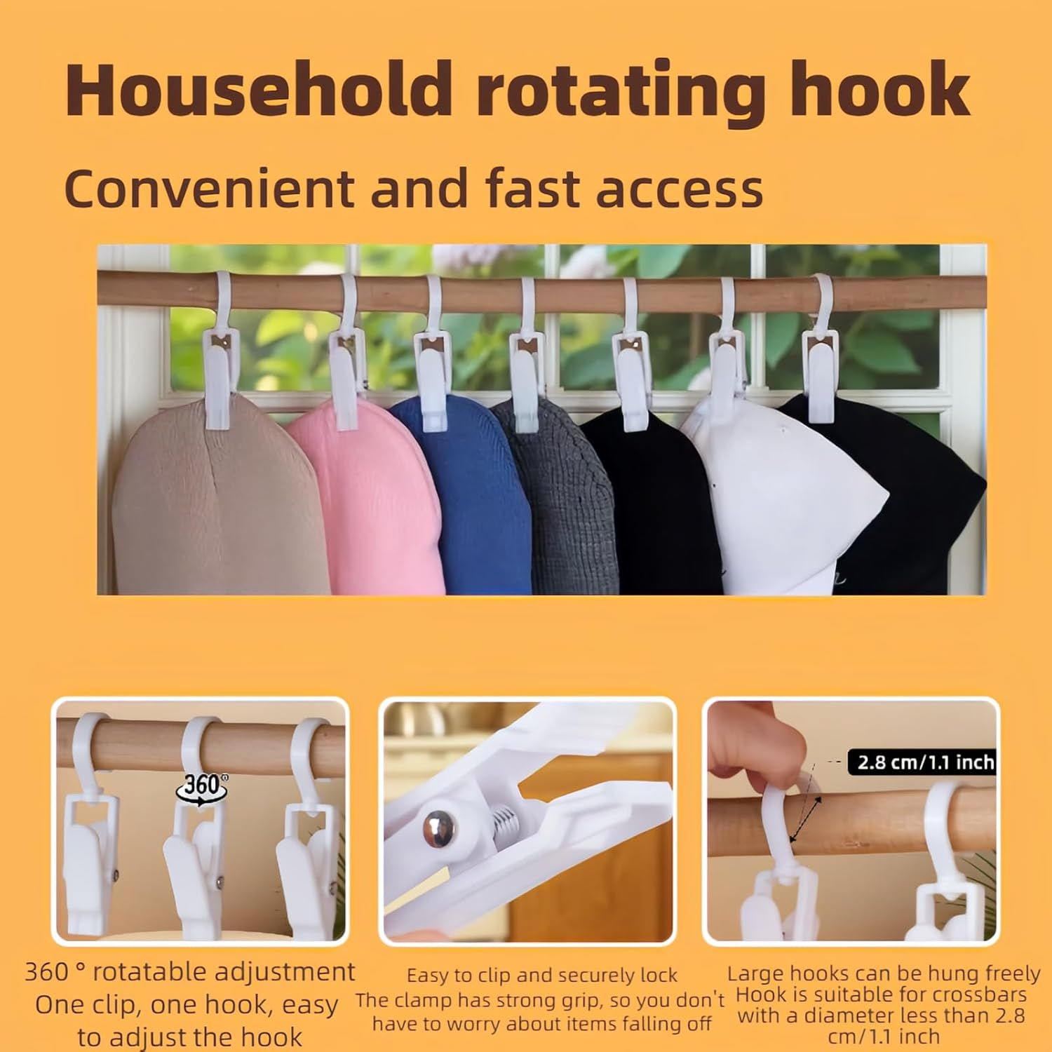 10-Pack Heavy Duty Swivel Clothes Pins - 360° Rotating Hooks for Laundry, Beach Towels, Curtains, Rustproof Stainless Steel Spring, Non-Slip Grip (4.3