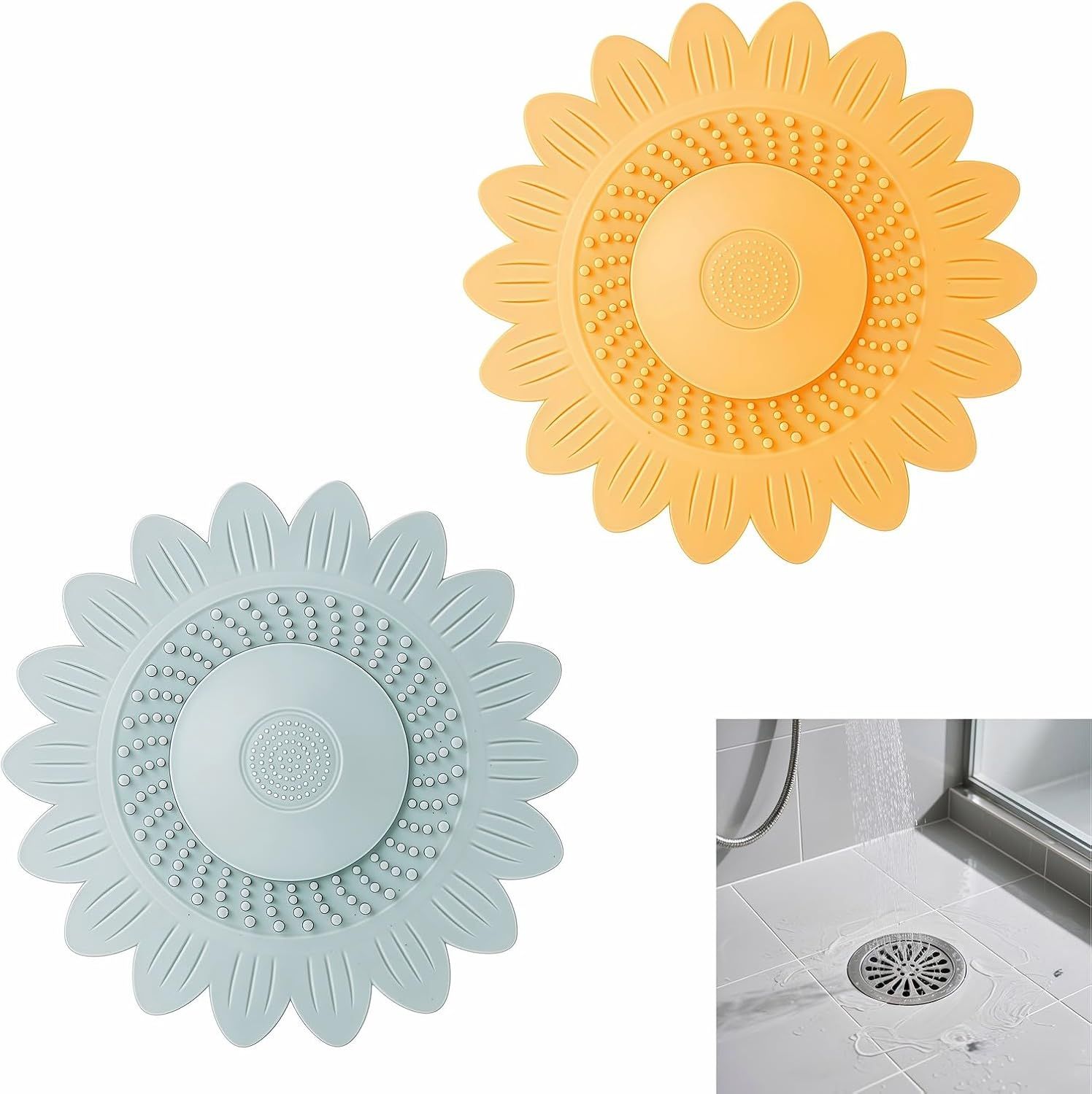 Sunflower Silicone Drain Cover,2-Pack Hair Catcher for Shower Tub Sink, Flower Shape Bathtub Drain Cover, Non-Slip Silicone Strainer for Kitchen Bathroom Laundry (Blue Yellow) - Image 1