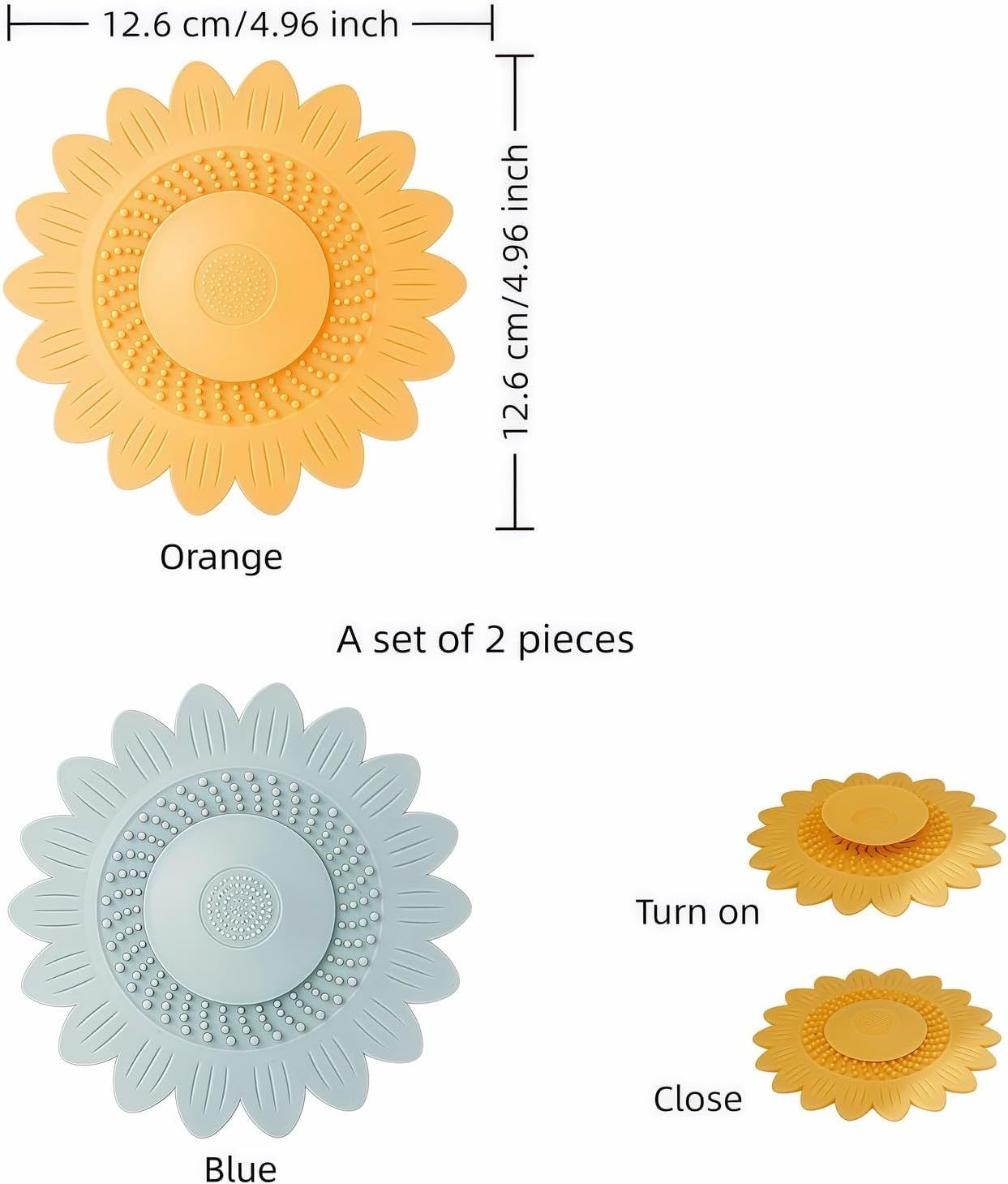 Sunflower Silicone Drain Cover,2-Pack Hair Catcher for Shower Tub Sink, Flower Shape Bathtub Drain Cover, Non-Slip Silicone Strainer for Kitchen Bathroom Laundry (Blue Yellow) - Image 3