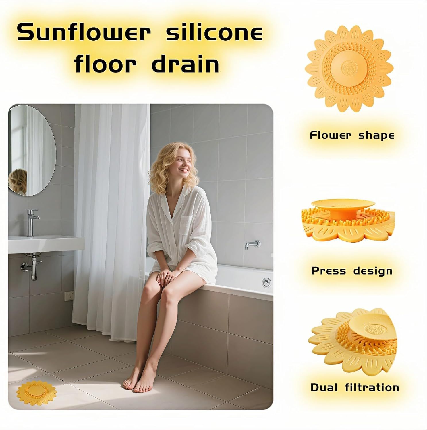 Sunflower Silicone Drain Cover,2-Pack Hair Catcher for Shower Tub Sink, Flower Shape Bathtub Drain Cover, Non-Slip Silicone Strainer for Kitchen Bathroom Laundry (Blue Yellow) - Image 4