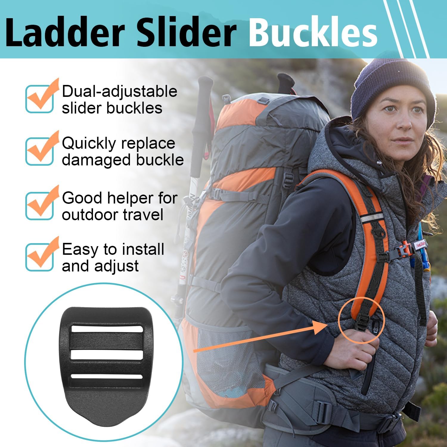 CooBigo 6 Pcs Ladder Slider Buckles+6 Pcs Tri glide Slider for Backpack Strap Clips, Plastic Clips for Straps Adjuster, Backpack Clips for 1 Inch webbing strap. - Image 3