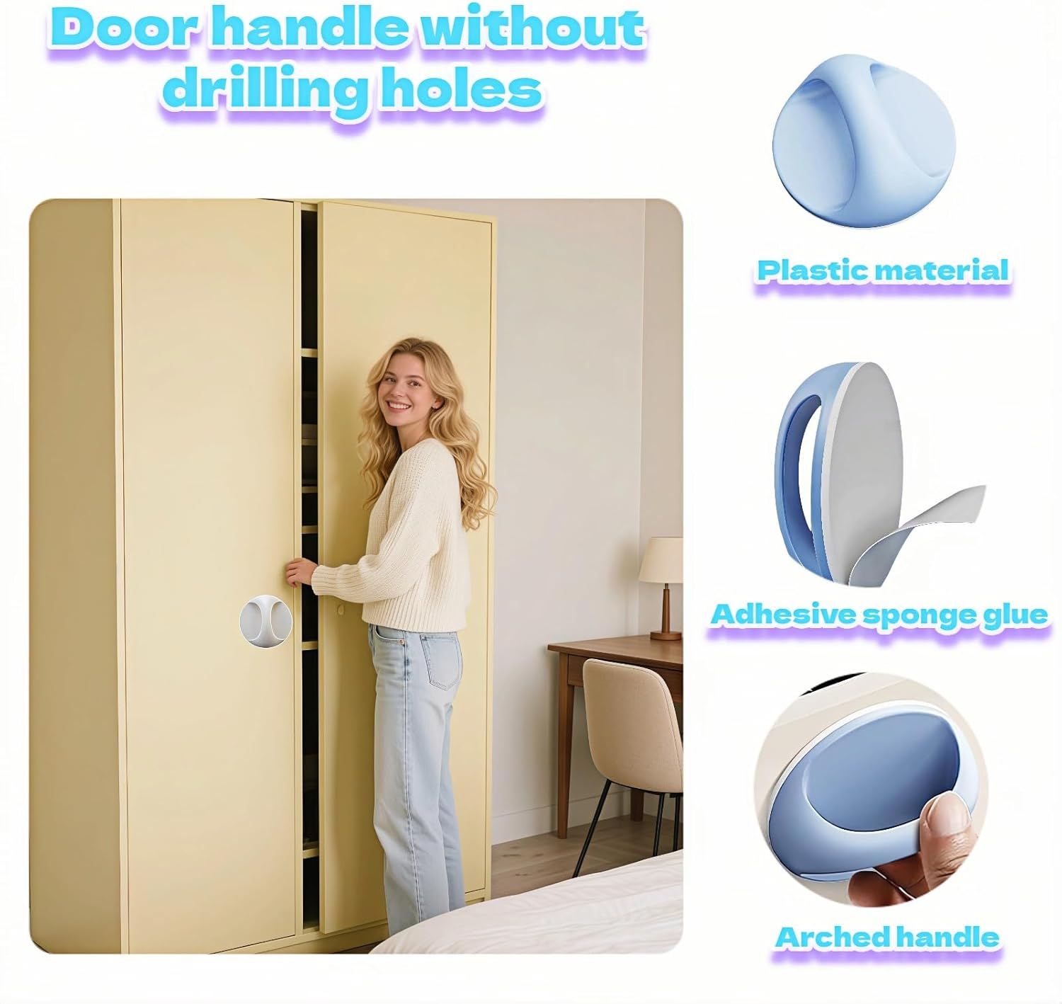 4-Pack Self-Adhesive Cabinet Pulls, No-Drill Handles for Cabinet, Window, Drawer, Glass Door, Easy Installation & Strong Grip (White, Pink, Blue, Green),2.56 Inch Adhesive Pull Knob - Image 3