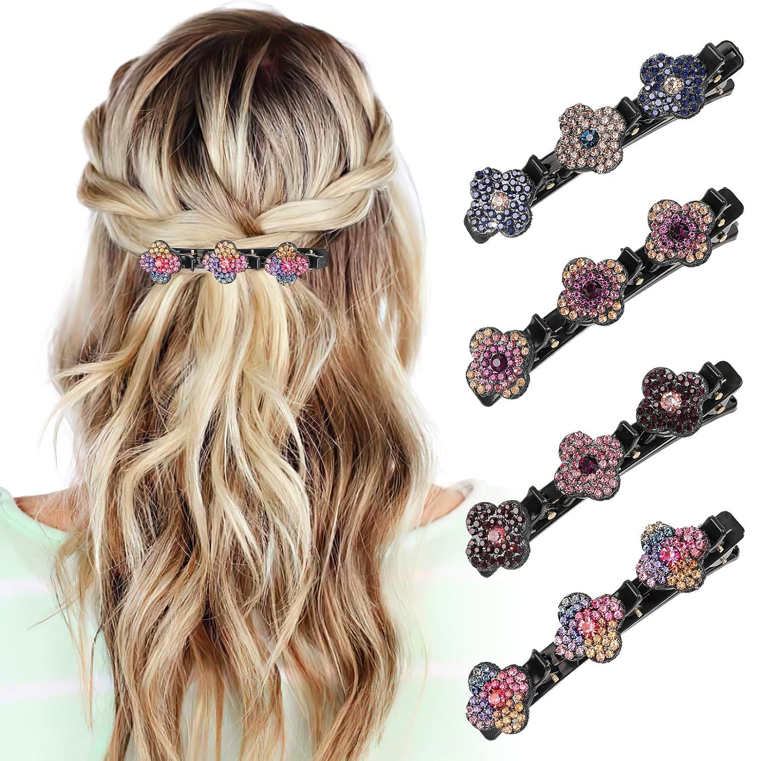 Braided Hair Clips For Women - Sparkling Crystal Stone Hair Clips For Styling Sectioning with 3 Small Hair Barrettes, Hair Accessories Four-Leaf Chopped with Rhinestones for Women& Girls 4 PCS (# 1) - Image 1