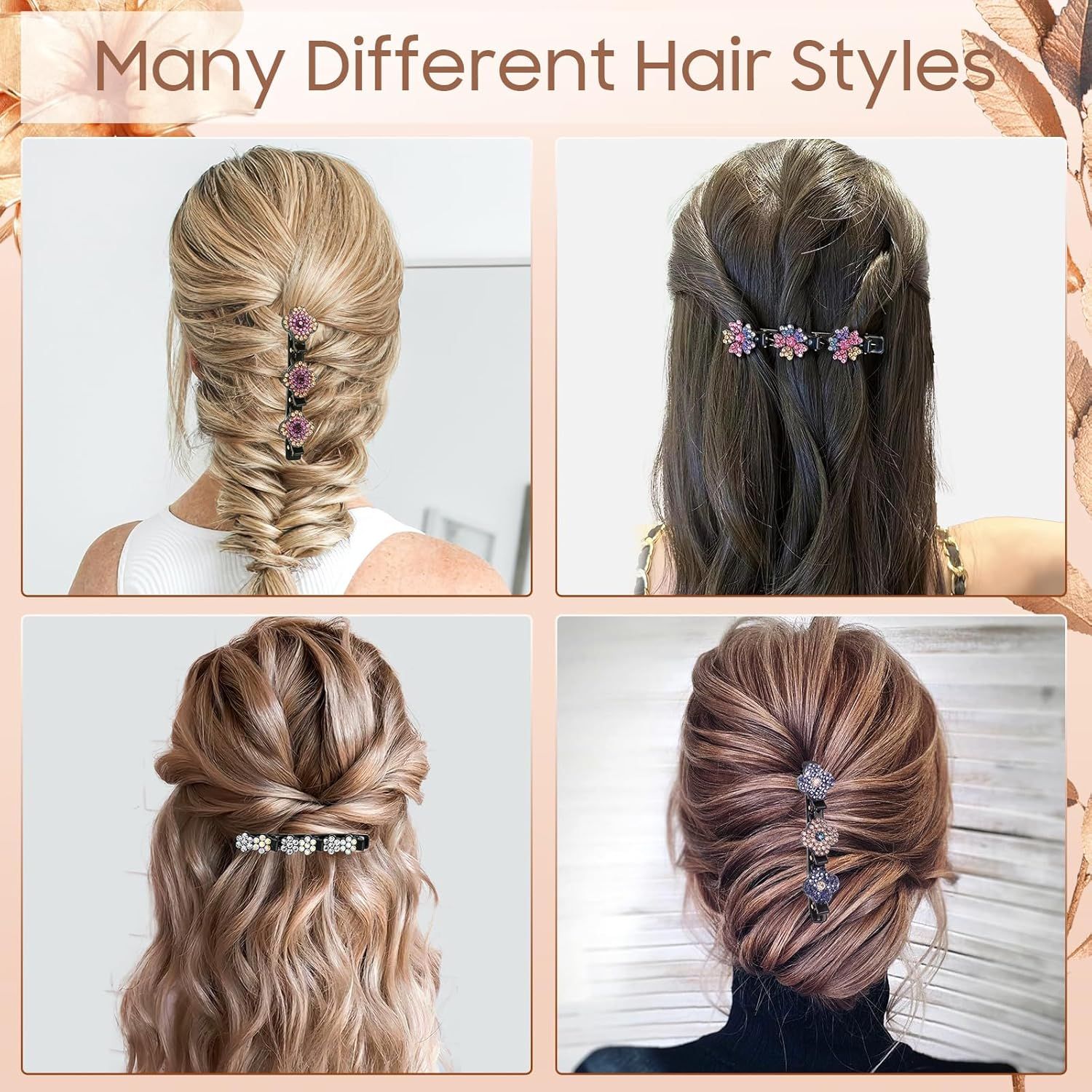 Braided Hair Clips For Women - Sparkling Crystal Stone Hair Clips For Styling Sectioning with 3 Small Hair Barrettes, Hair Accessories Four-Leaf Chopped with Rhinestones for Women& Girls 4 PCS (# 1) - Image 2