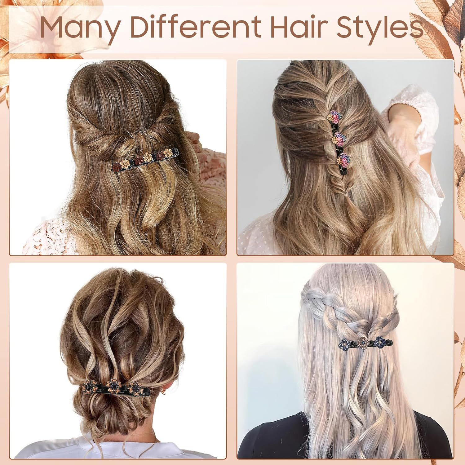 Braided Hair Clips For Women - Sparkling Crystal Stone Hair Clips For Styling Sectioning with 3 Small Hair Barrettes, Hair Accessories Four-Leaf Chopped with Rhinestones for Women& Girls 4 PCS (# 1) - Image 3