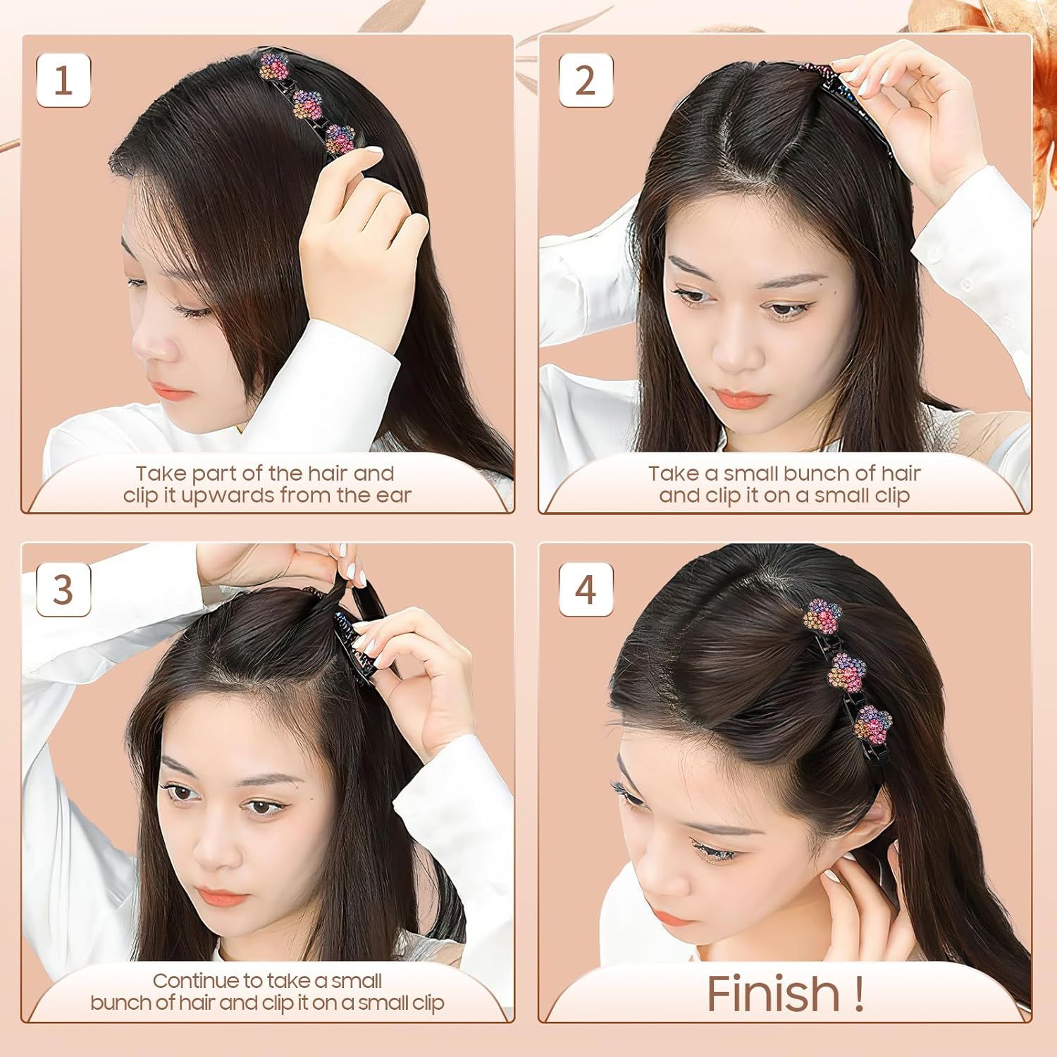 Braided Hair Clips For Women - Sparkling Crystal Stone Hair Clips For Styling Sectioning with 3 Small Hair Barrettes, Hair Accessories Four-Leaf Chopped with Rhinestones for Women& Girls 4 PCS (# 1) - Image 5