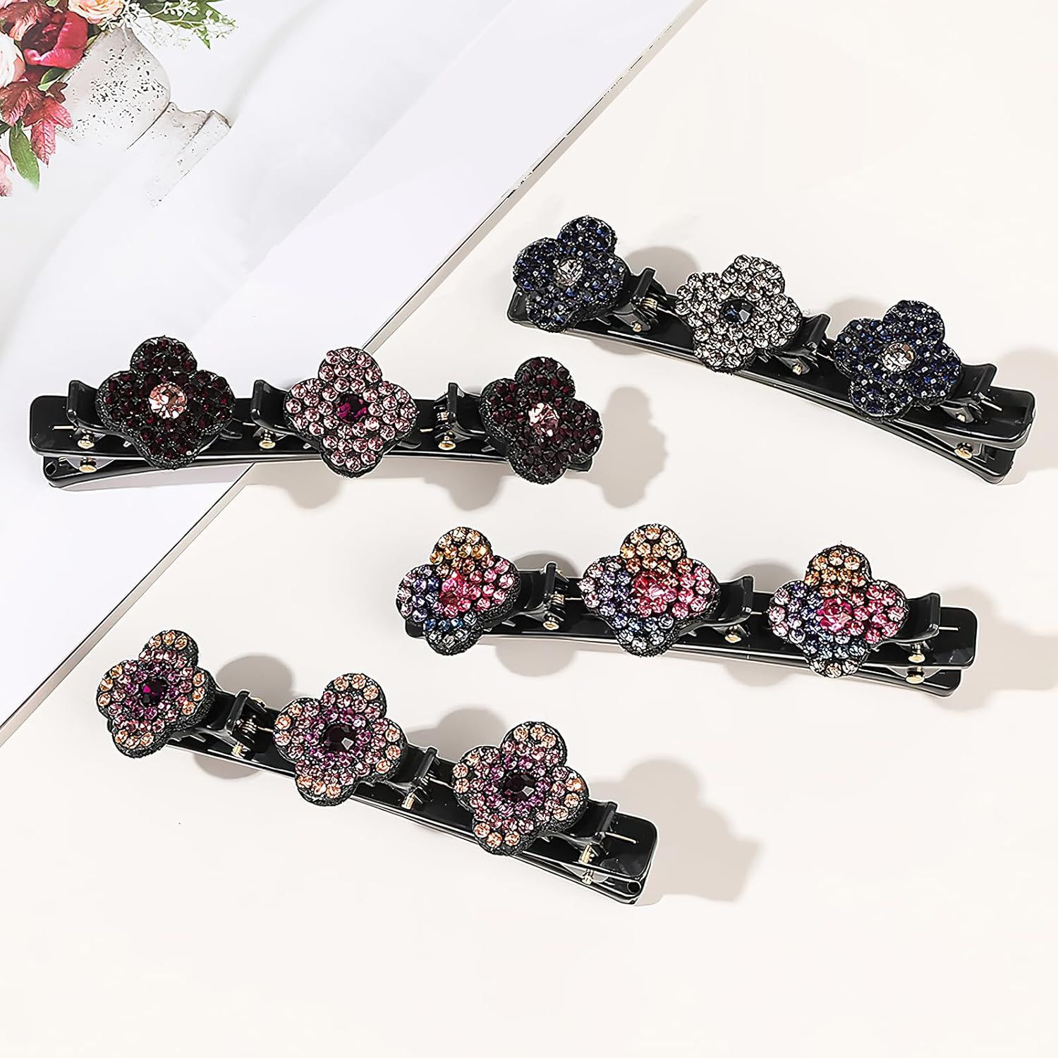 Braided Hair Clips For Women - Sparkling Crystal Stone Hair Clips For Styling Sectioning with 3 Small Hair Barrettes, Hair Accessories Four-Leaf Chopped with Rhinestones for Women& Girls 4 PCS (# 1) - Image 6