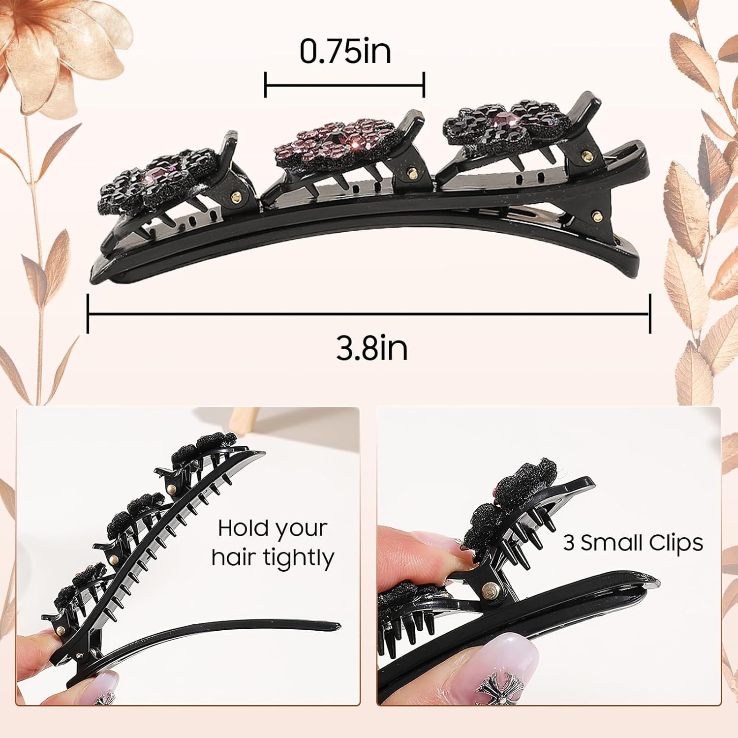 Braided Hair Clips For Women - Sparkling Crystal Stone Hair Clips For Styling Sectioning with 3 Small Hair Barrettes, Hair Accessories Four-Leaf Chopped with Rhinestones for Women& Girls 4 PCS (# 1) - Image 8