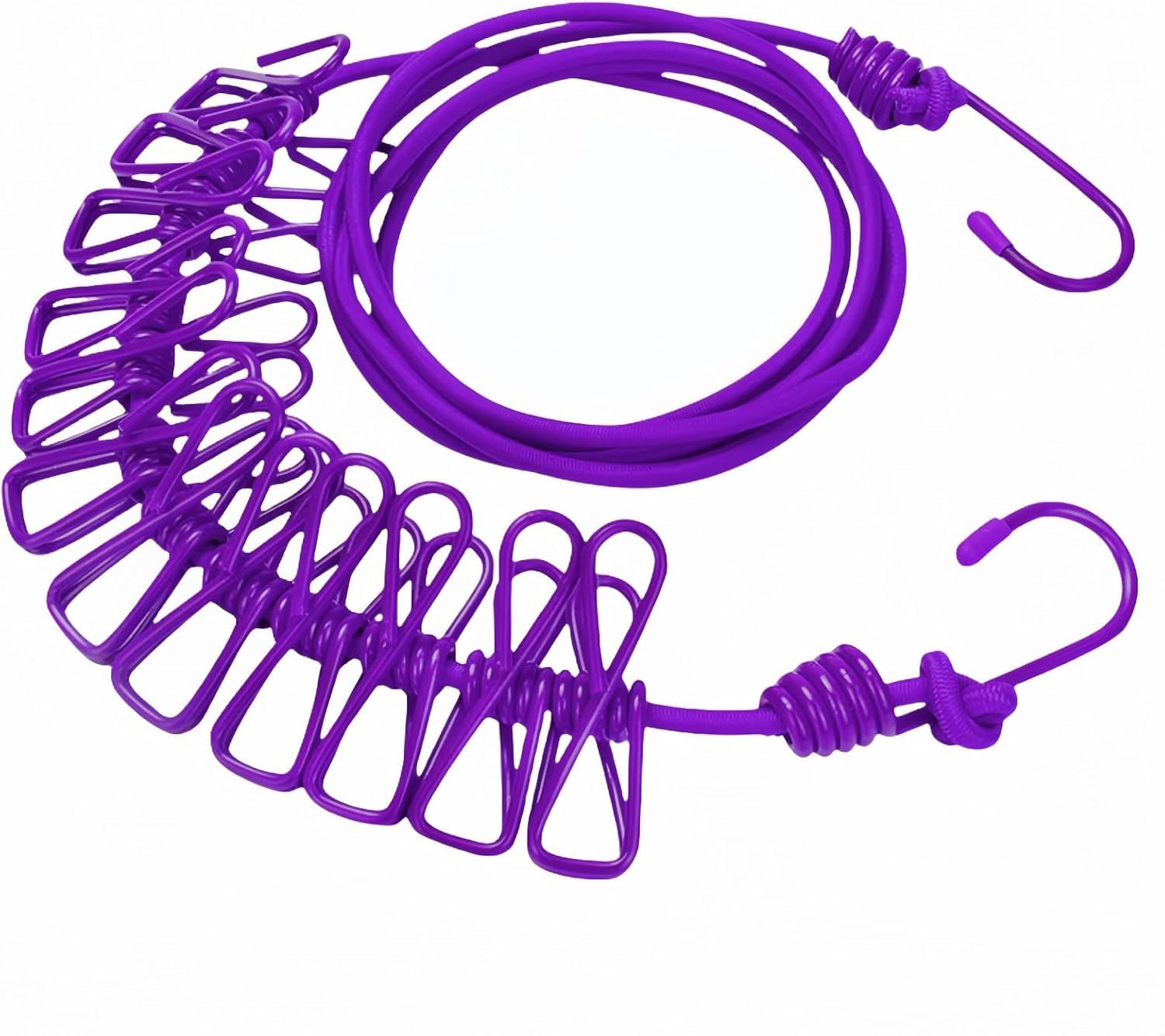 Portable Clothesline with 12 Clips - Extends 12ft, Heavy Duty Stainless Steel Hooks, Windproof for Travel/Camping/Indoor Use, Purple - Image 1