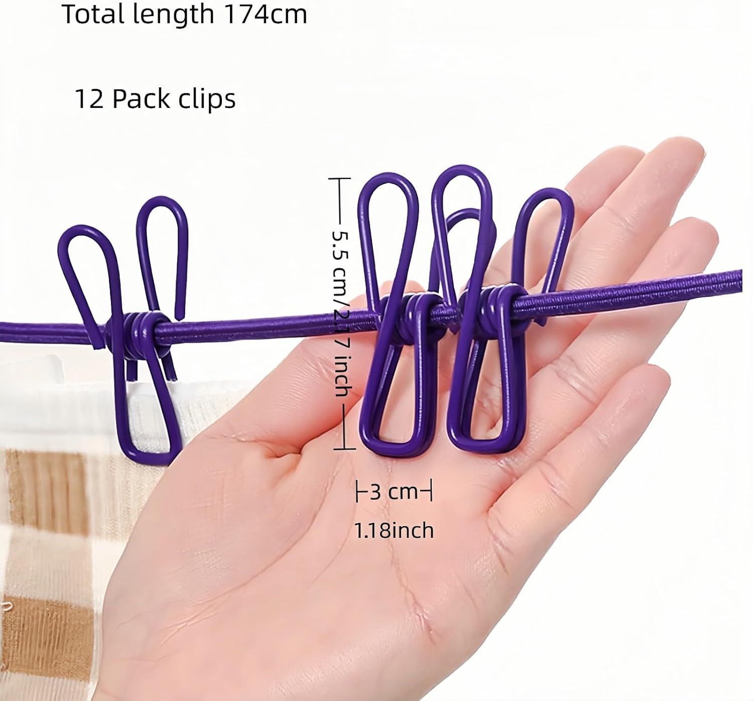 Portable Clothesline with 12 Clips - Extends 12ft, Heavy Duty Stainless Steel Hooks, Windproof for Travel/Camping/Indoor Use, Purple - Image 2