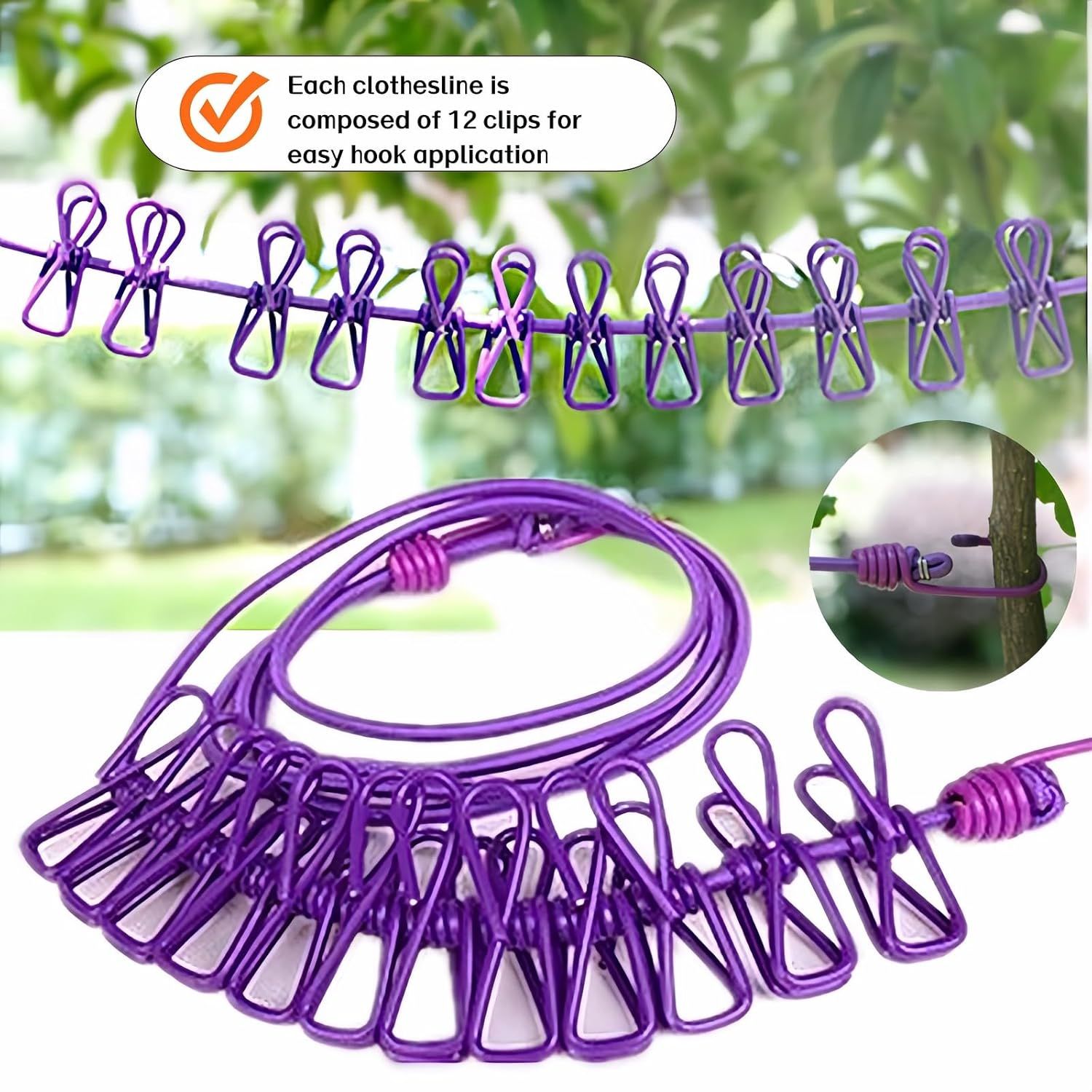 Portable Clothesline with 12 Clips - Extends 12ft, Heavy Duty Stainless Steel Hooks, Windproof for Travel/Camping/Indoor Use, Purple - Image 4