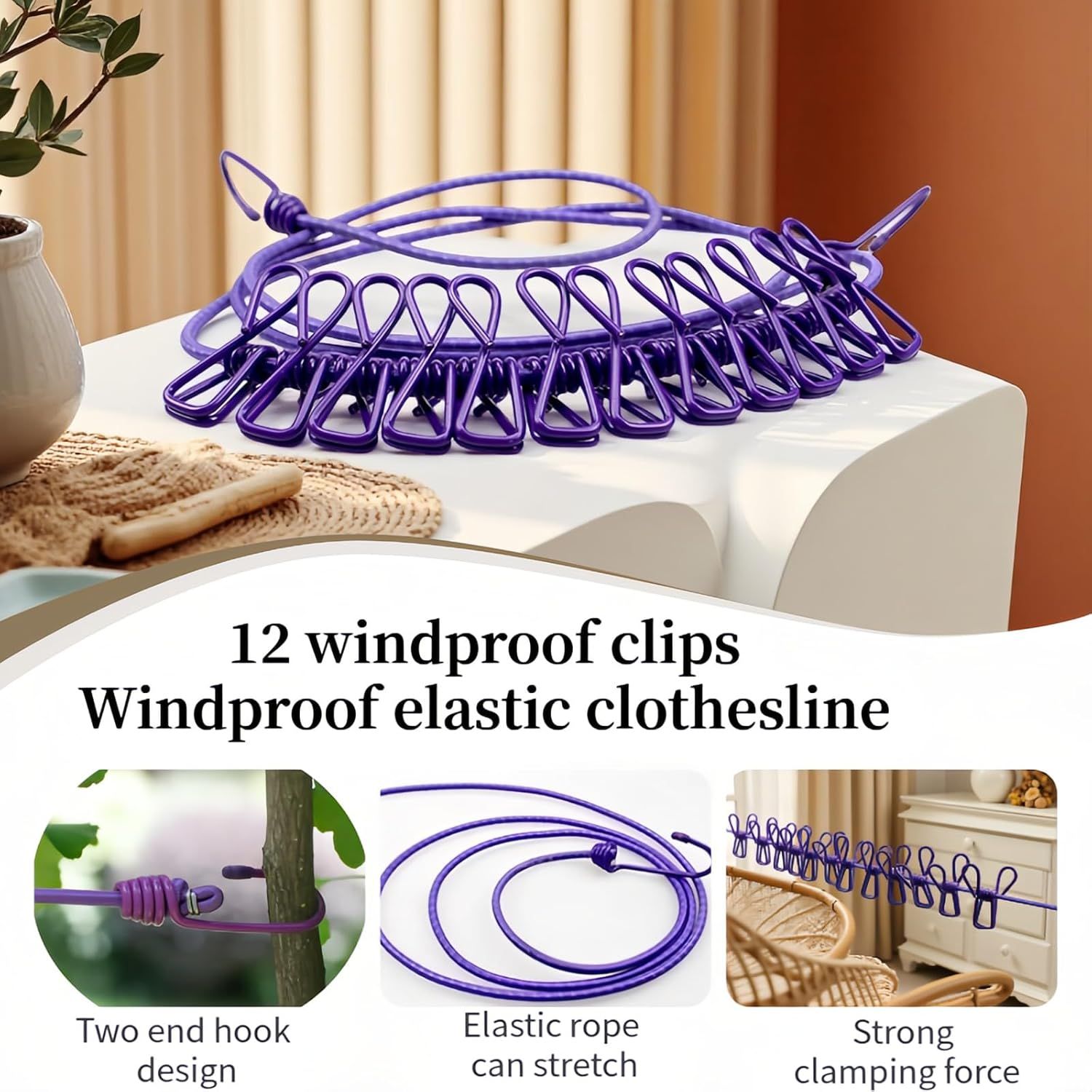 Portable Clothesline with 12 Clips - Extends 12ft, Heavy Duty Stainless Steel Hooks, Windproof for Travel/Camping/Indoor Use, Purple - Image 5