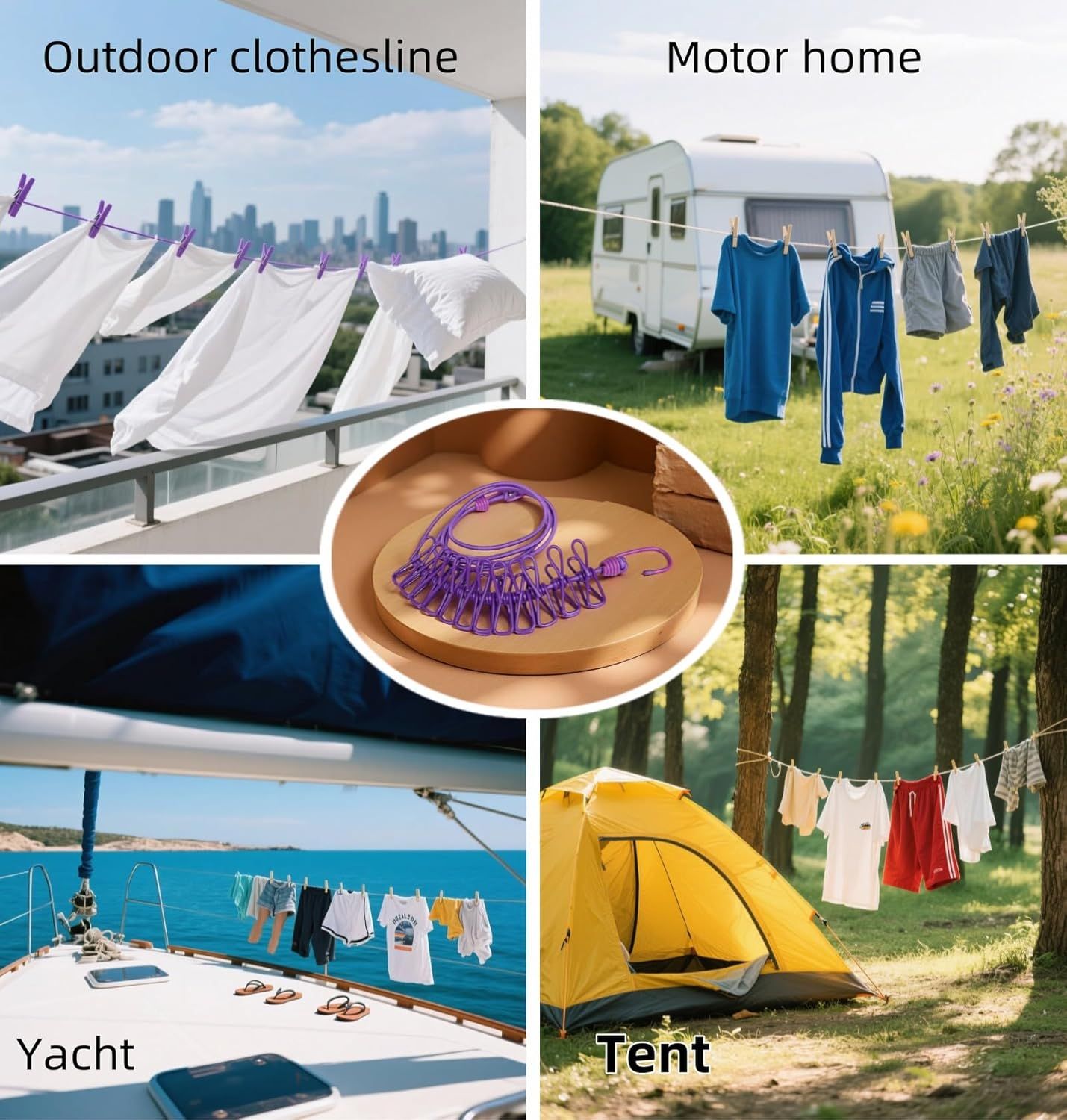 Portable Clothesline with 12 Clips - Extends 12ft, Heavy Duty Stainless Steel Hooks, Windproof for Travel/Camping/Indoor Use, Purple - Image 6