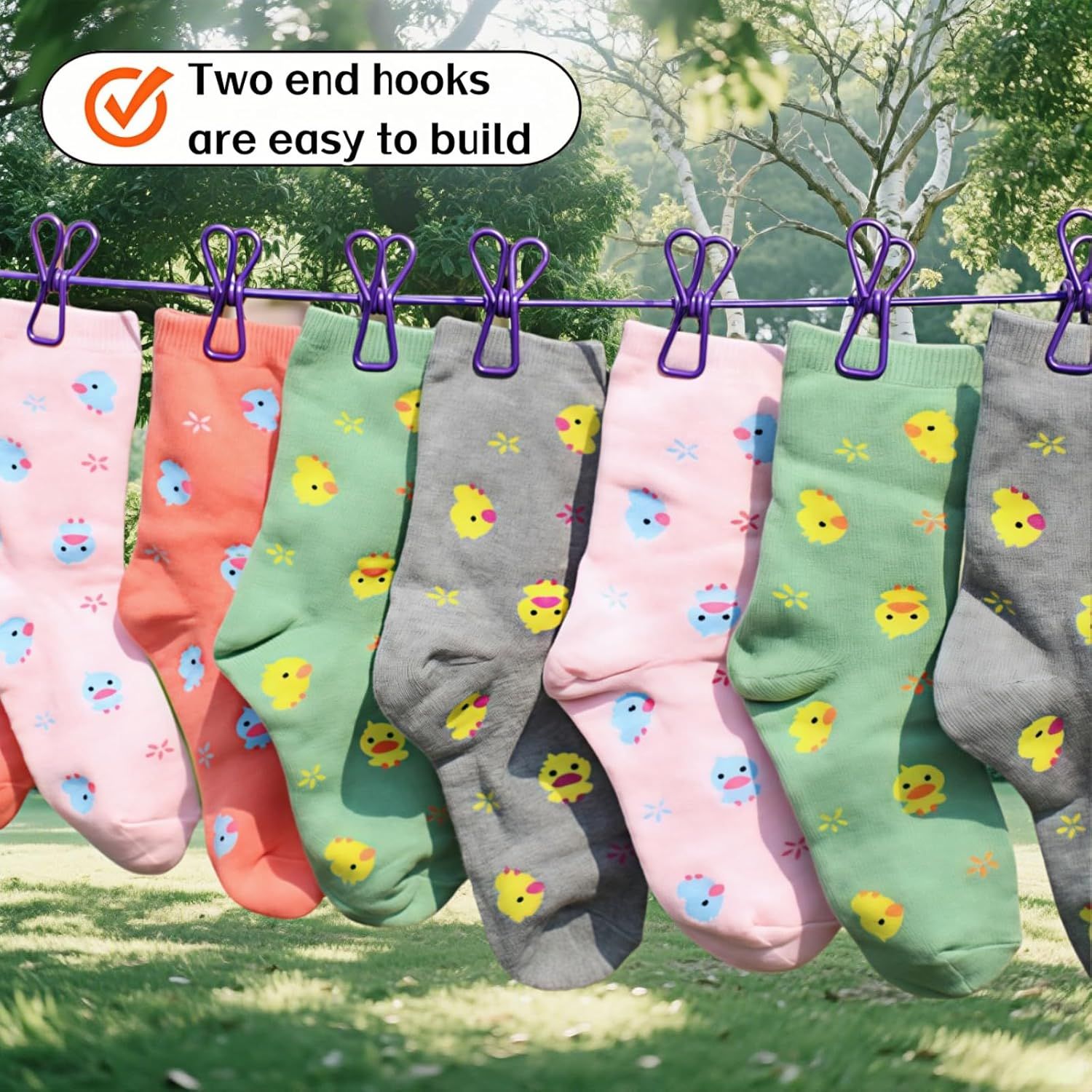 Portable Clothesline with 12 Clips - Extends 12ft, Heavy Duty Stainless Steel Hooks, Windproof for Travel/Camping/Indoor Use, Purple - Image 7