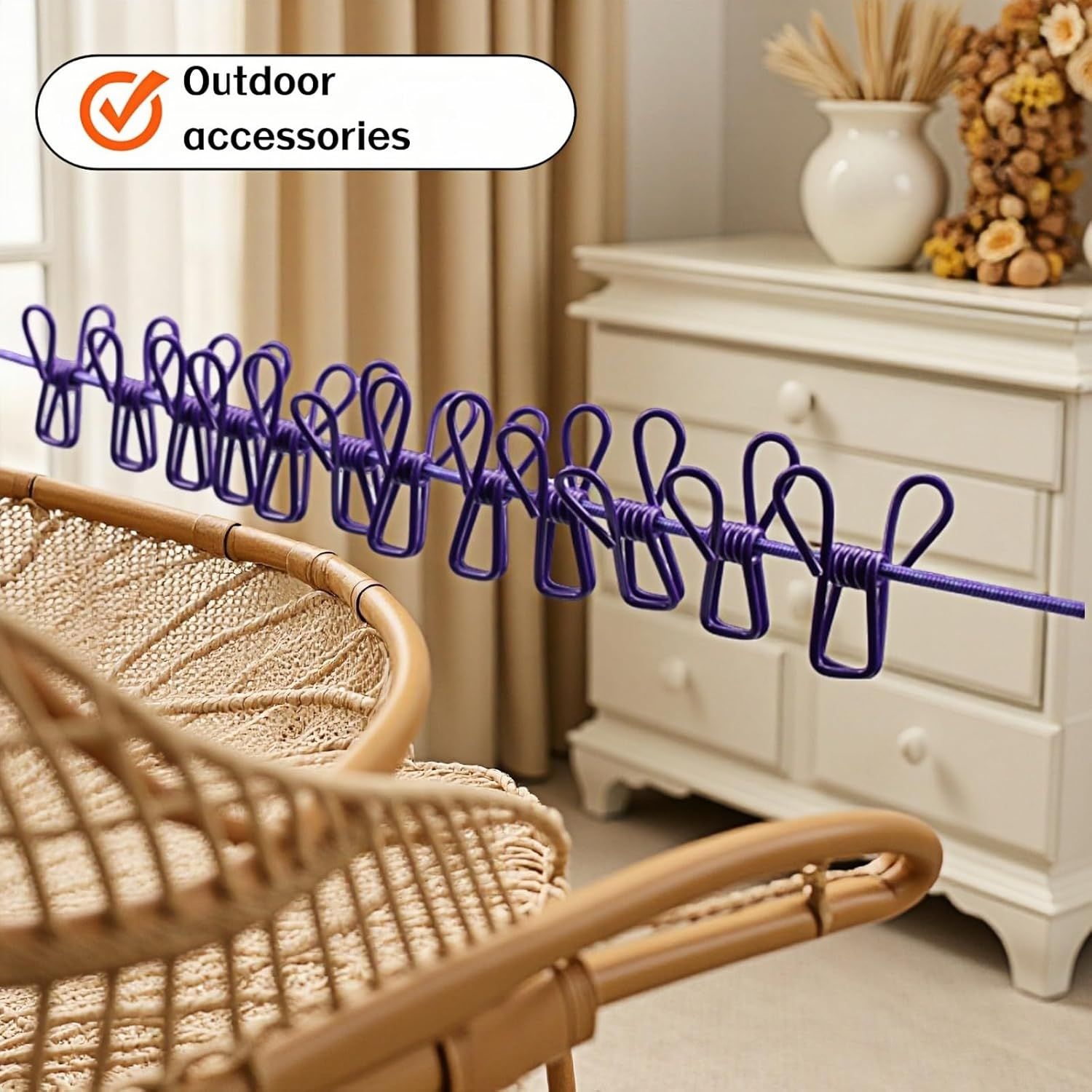 Portable Clothesline with 12 Clips - Extends 12ft, Heavy Duty Stainless Steel Hooks, Windproof for Travel/Camping/Indoor Use, Purple - Image 8