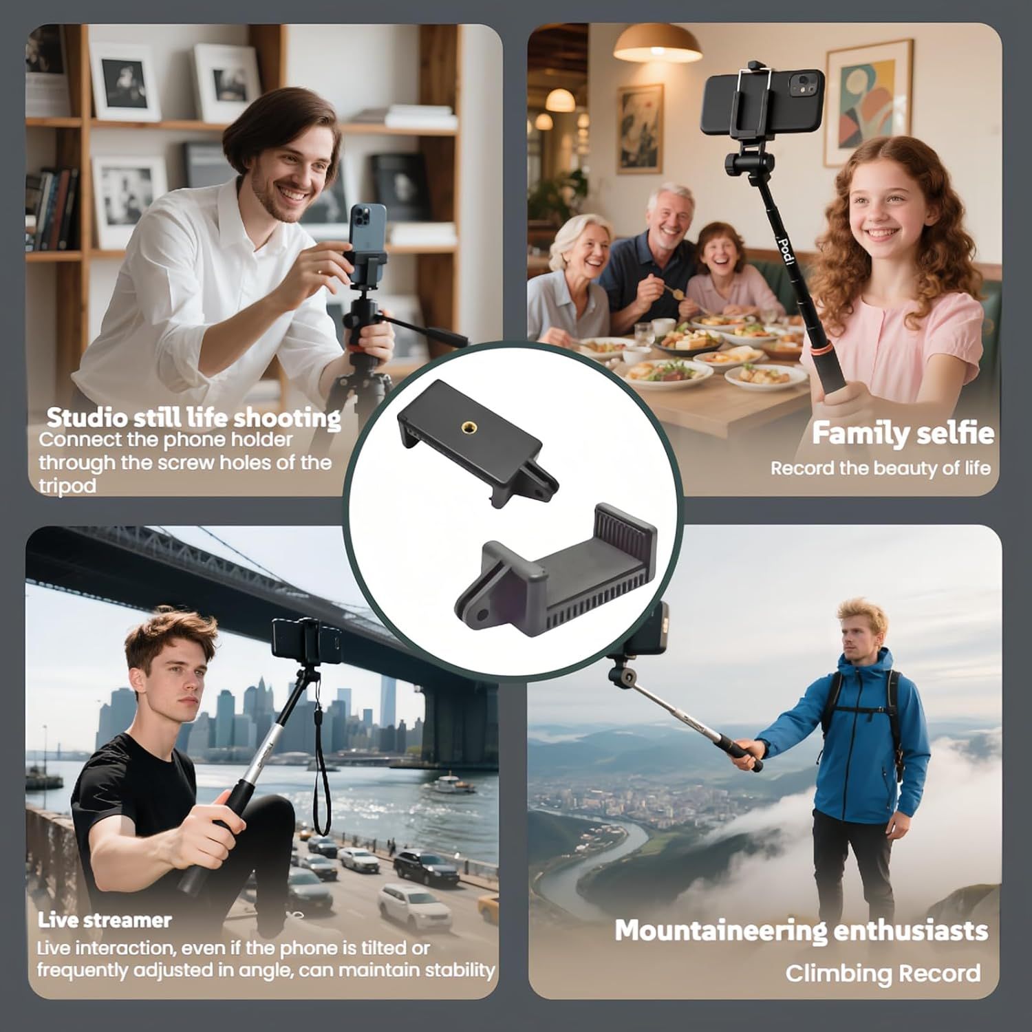 All Phone Holder – No Tools Needed! Spring Clamp Fits 55-85mm Phones, Sturdy E-Base for Car Rides, Zoom Calls & Outdoor Filming 360° Adjustable, Soft TPU Padding | Gym, Travel, Studio - Image 6