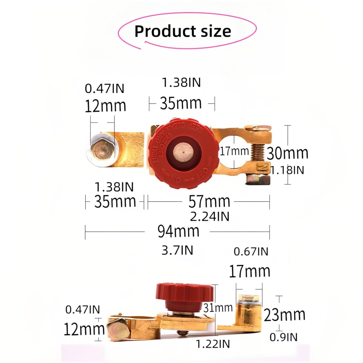 Top Post Battery Disconnect Switch 12V 125A Heavy Duty Brass Marine Car Truck RV Boat Anti-Corrosion Quick Release Knob for Battery Saver 0.59-0.67