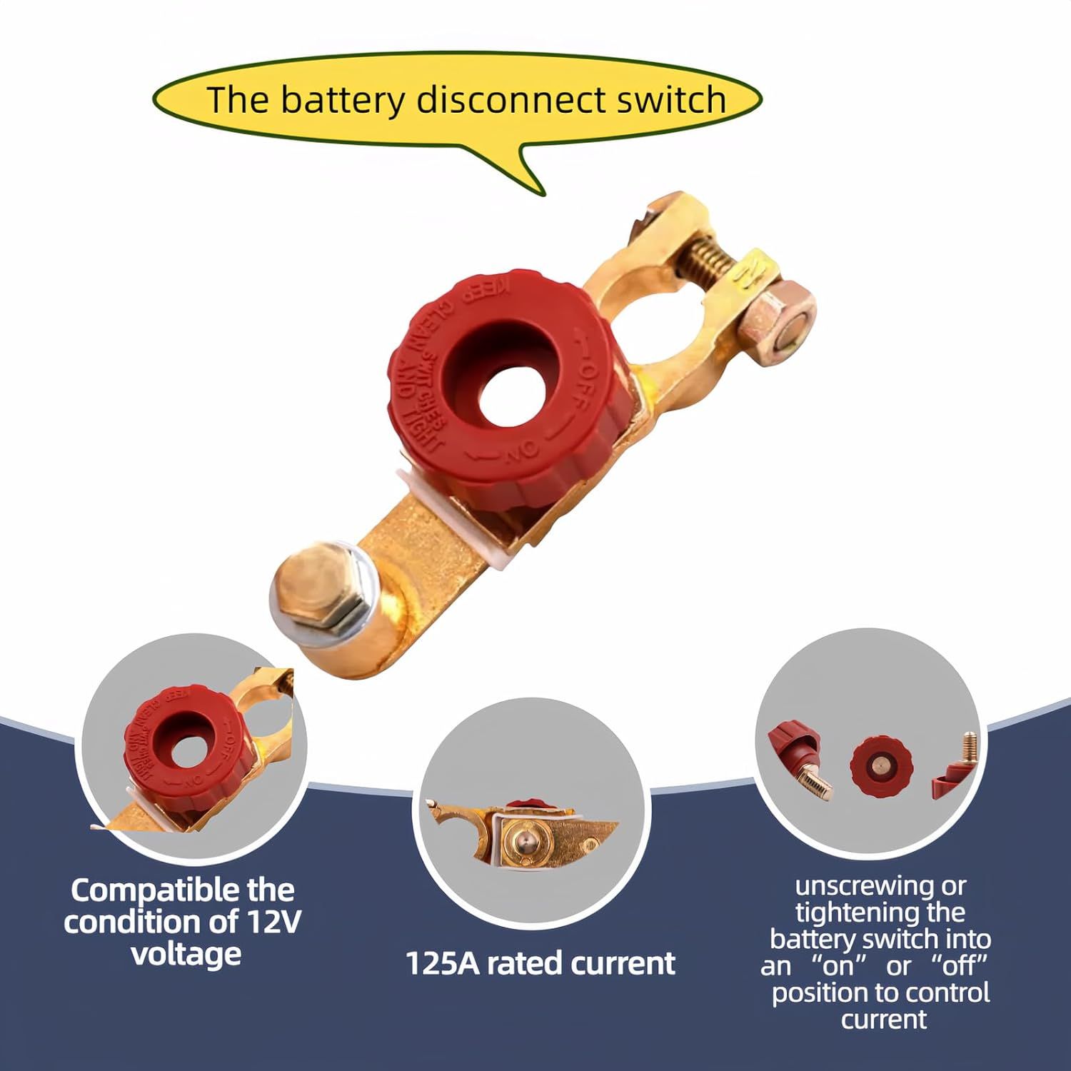 Top Post Battery Disconnect Switch 12V 125A Heavy Duty Brass Marine Car Truck RV Boat Anti-Corrosion Quick Release Knob for Battery Saver 0.59-0.67