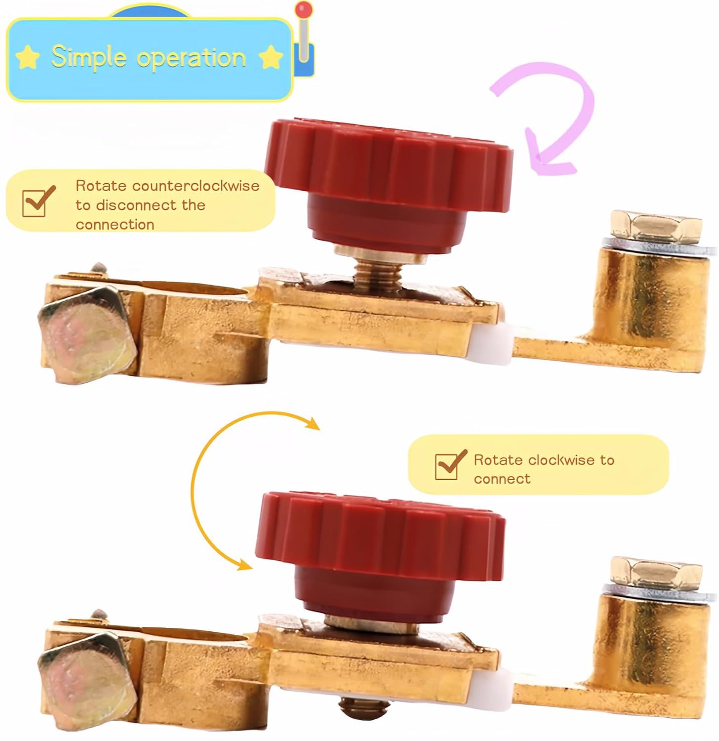 Top Post Battery Disconnect Switch 12V 125A Heavy Duty Brass Marine Car Truck RV Boat Anti-Corrosion Quick Release Knob for Battery Saver 0.59-0.67