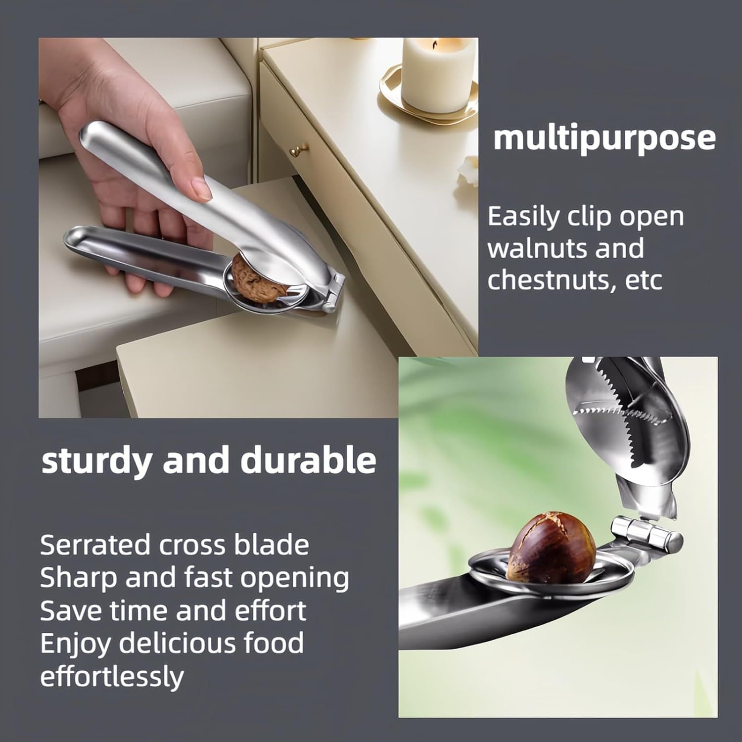 Multi-Purpose Nut Cracker Tool, 6.89 inch Stainless Steel Opener for Chestnuts, Walnuts, Almonds, Peanuts with Anti-Slip Design - Image 3