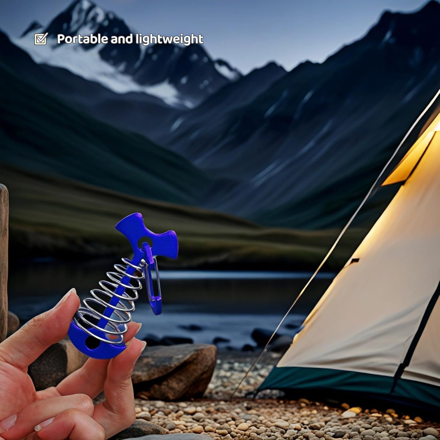 Fishbone SpringTent Peg Portable Windproof Anchors,Aluminum Tent Stakes with Carabiner for Camping Deck, Spring-Loaded Gutter Hook for Tarp,Adjustable Gap Stake for Outdoor Canopy (Blue and Black) - Image 2