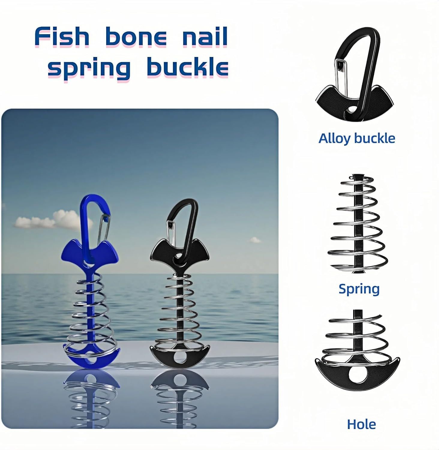 Fishbone SpringTent Peg Portable Windproof Anchors,Aluminum Tent Stakes with Carabiner for Camping Deck, Spring-Loaded Gutter Hook for Tarp,Adjustable Gap Stake for Outdoor Canopy (Blue and Black) - Image 4