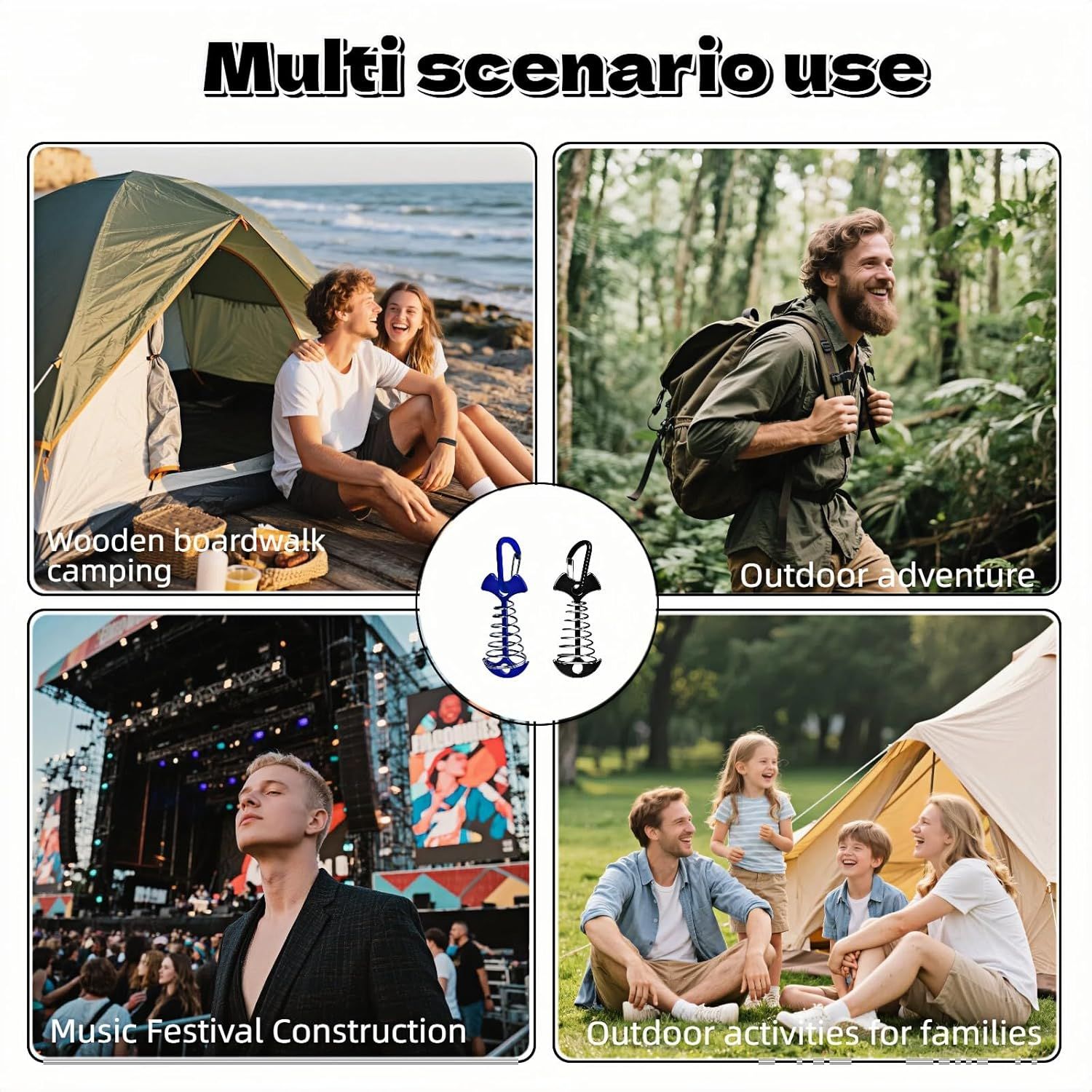 Fishbone SpringTent Peg Portable Windproof Anchors,Aluminum Tent Stakes with Carabiner for Camping Deck, Spring-Loaded Gutter Hook for Tarp,Adjustable Gap Stake for Outdoor Canopy (Blue and Black) - Image 6