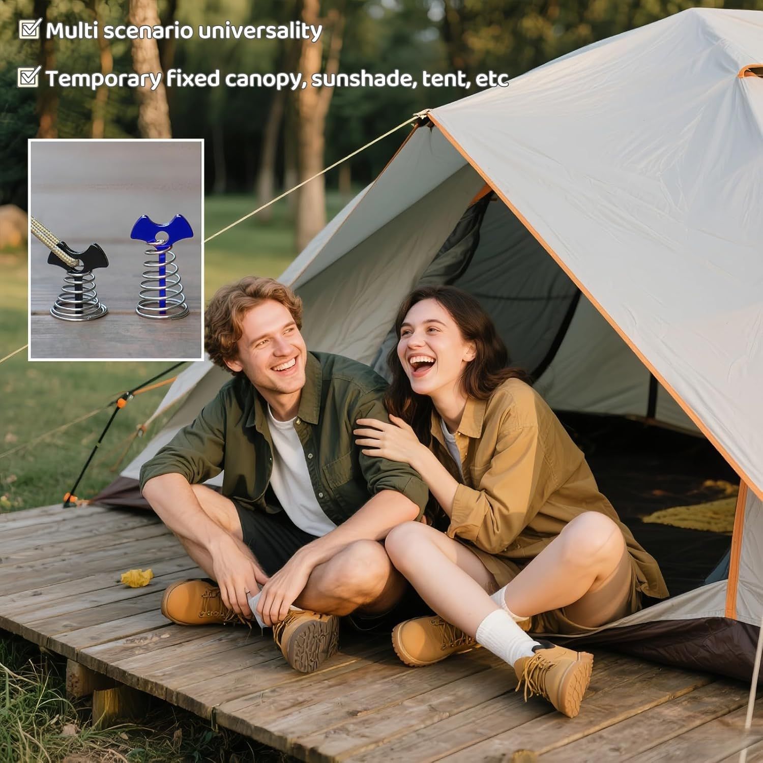 Fishbone SpringTent Peg Portable Windproof Anchors,Aluminum Tent Stakes with Carabiner for Camping Deck, Spring-Loaded Gutter Hook for Tarp,Adjustable Gap Stake for Outdoor Canopy (Blue and Black) - Image 7