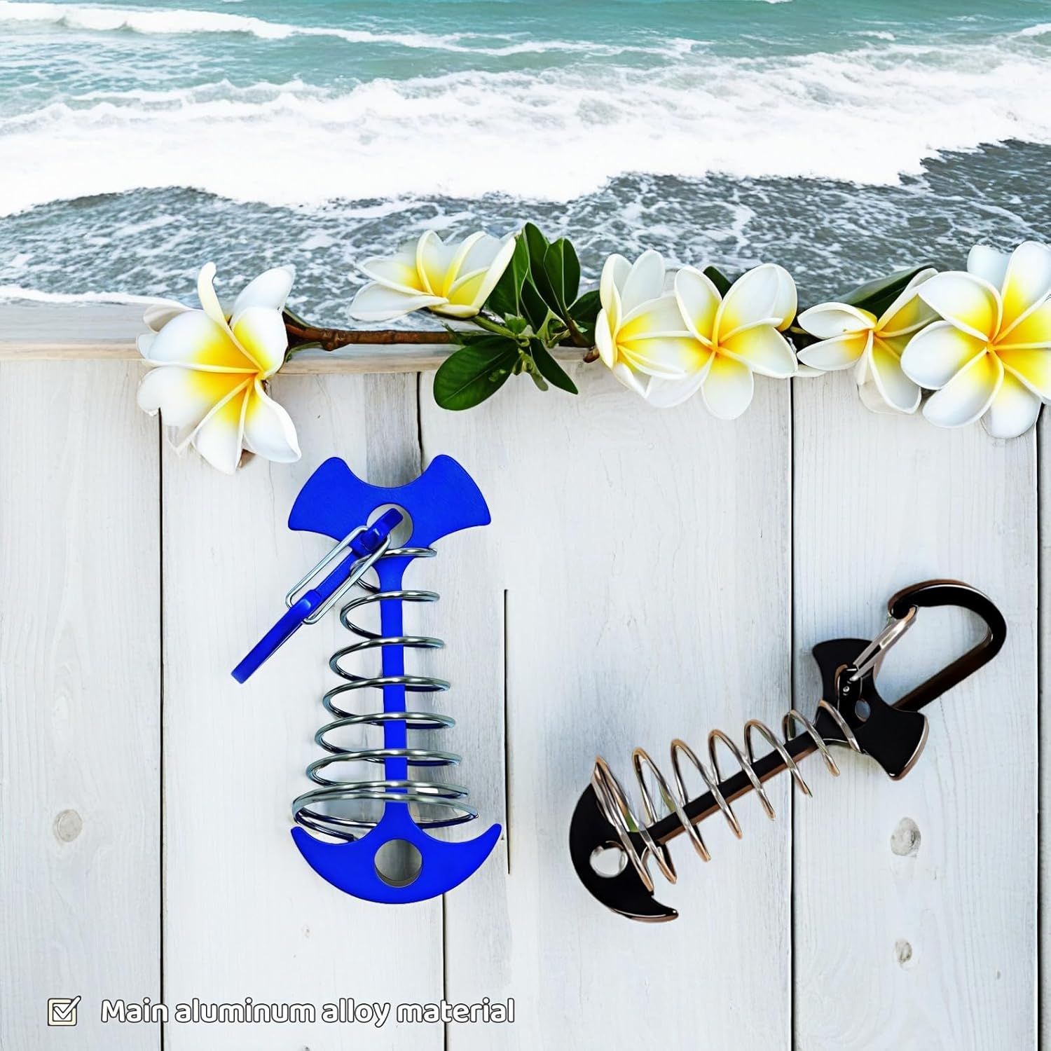 Fishbone SpringTent Peg Portable Windproof Anchors,Aluminum Tent Stakes with Carabiner for Camping Deck, Spring-Loaded Gutter Hook for Tarp,Adjustable Gap Stake for Outdoor Canopy (Blue and Black) - Image 8
