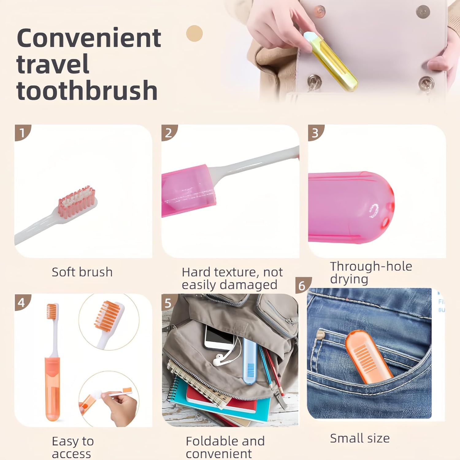 Travel Toothbrush Set for Family - 3 Mini Foldable Toothbrushes with Detachable Heads, Compact 4.53