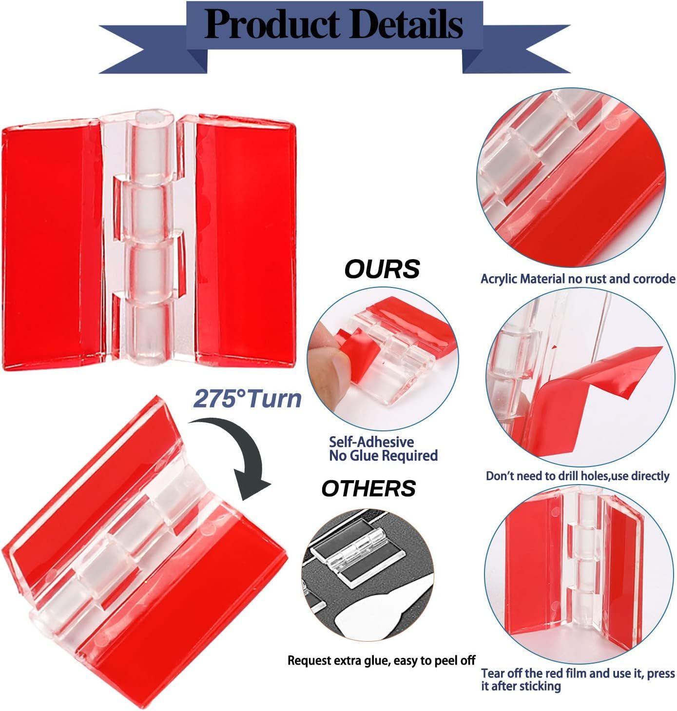 12 Pcs 35x25 mm Mini Transparent Acrylic Hinge Self-Adhesive Small Hinges Folding Hinge, Clear Plastic Hinges for Glass, Crafts, Aquarium Lid, Cabinet, Furniture, Display Stand - Image 3