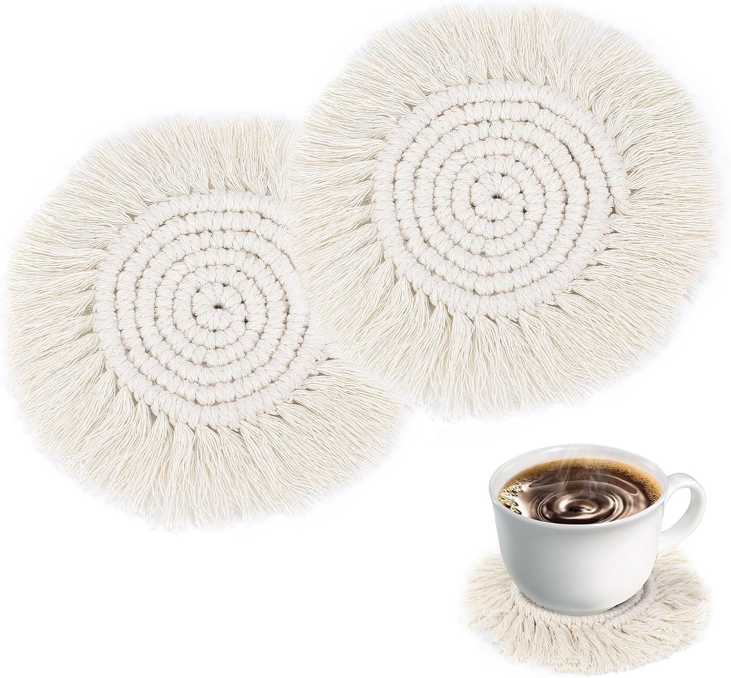 Boho Coasters for Drinks Absorbent Crochet Coasters Round Boho Coaster Set of 2 Housewarming Gift Bar Coffee Table Office Desk Decor, White - Image 1