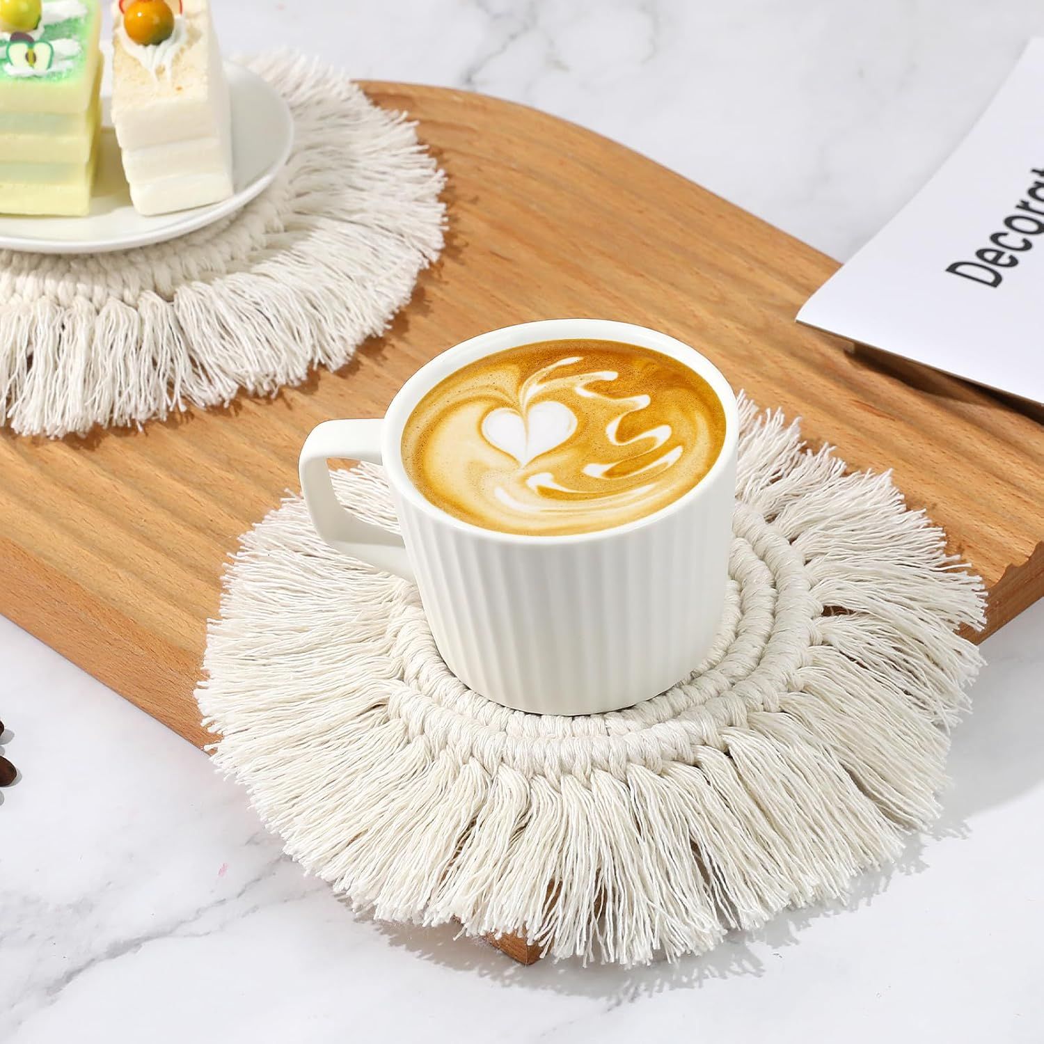Boho Coasters for Drinks Absorbent Crochet Coasters Round Boho Coaster Set of 2 Housewarming Gift Bar Coffee Table Office Desk Decor, White - Image 2