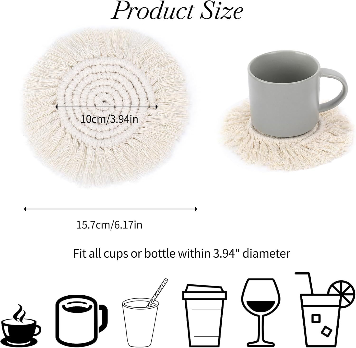 Boho Coasters for Drinks Absorbent Crochet Coasters Round Boho Coaster Set of 2 Housewarming Gift Bar Coffee Table Office Desk Decor, White - Image 3