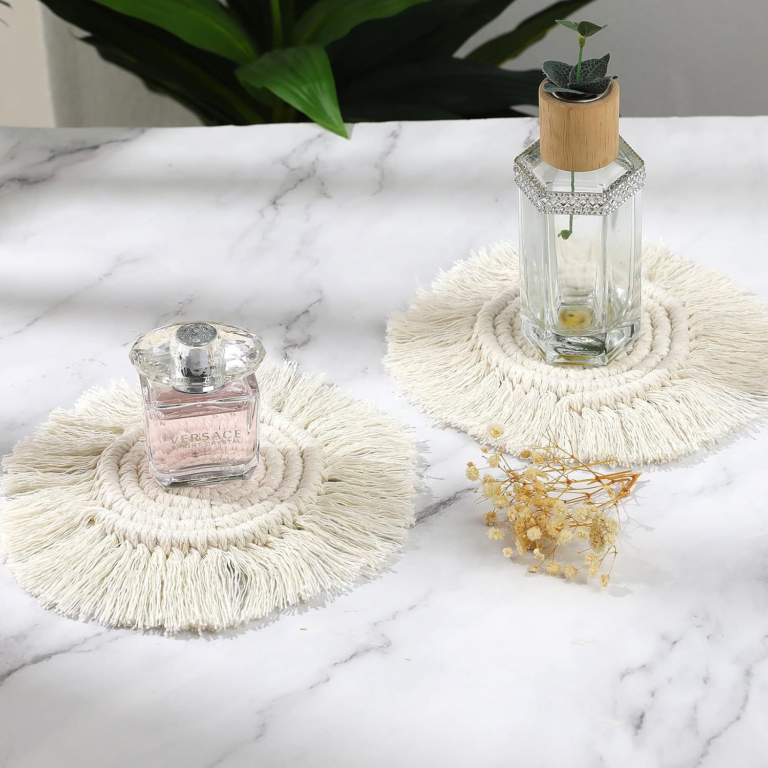 Boho Coasters for Drinks Absorbent Crochet Coasters Round Boho Coaster Set of 2 Housewarming Gift Bar Coffee Table Office Desk Decor, White - Image 4