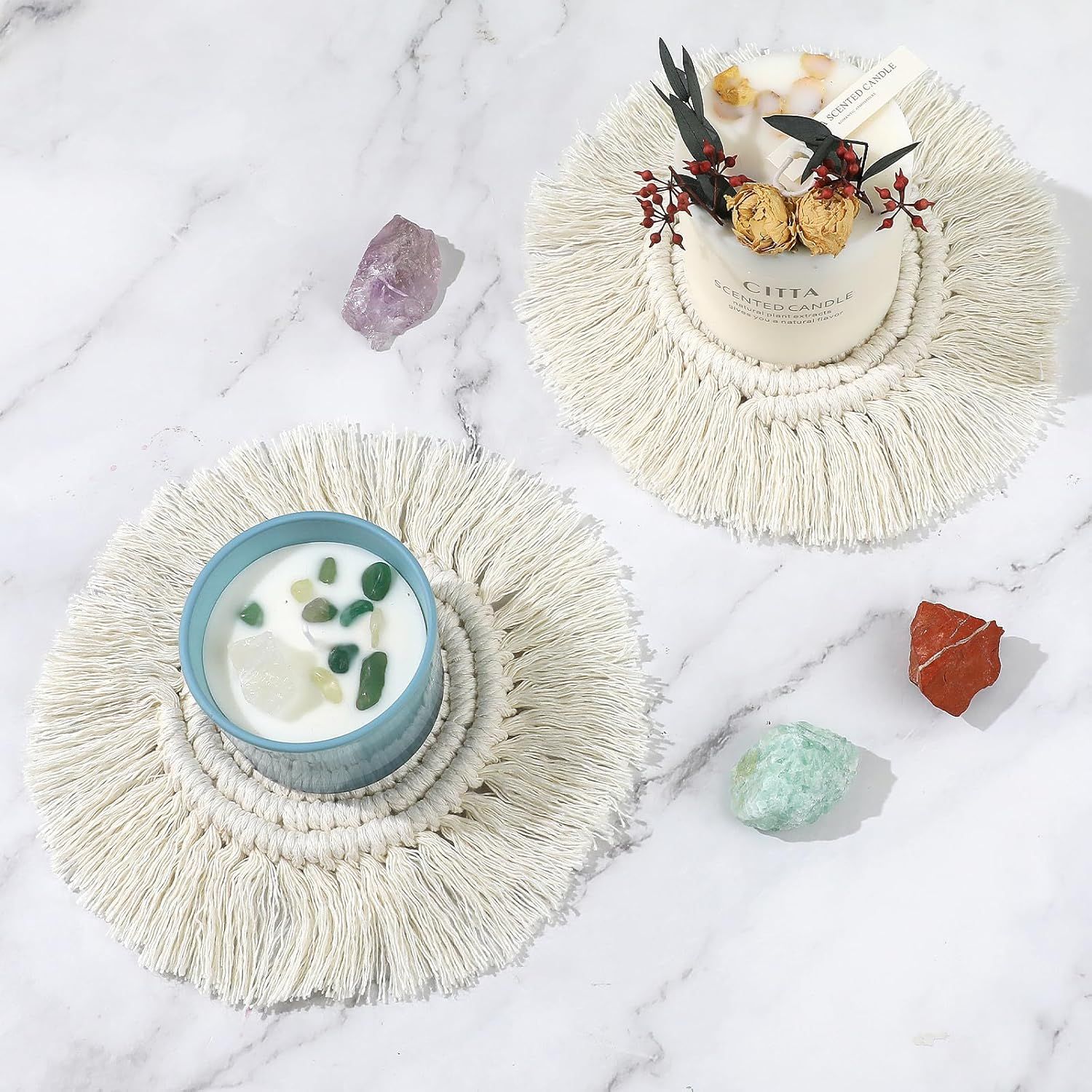 Boho Coasters for Drinks Absorbent Crochet Coasters Round Boho Coaster Set of 2 Housewarming Gift Bar Coffee Table Office Desk Decor, White - Image 5