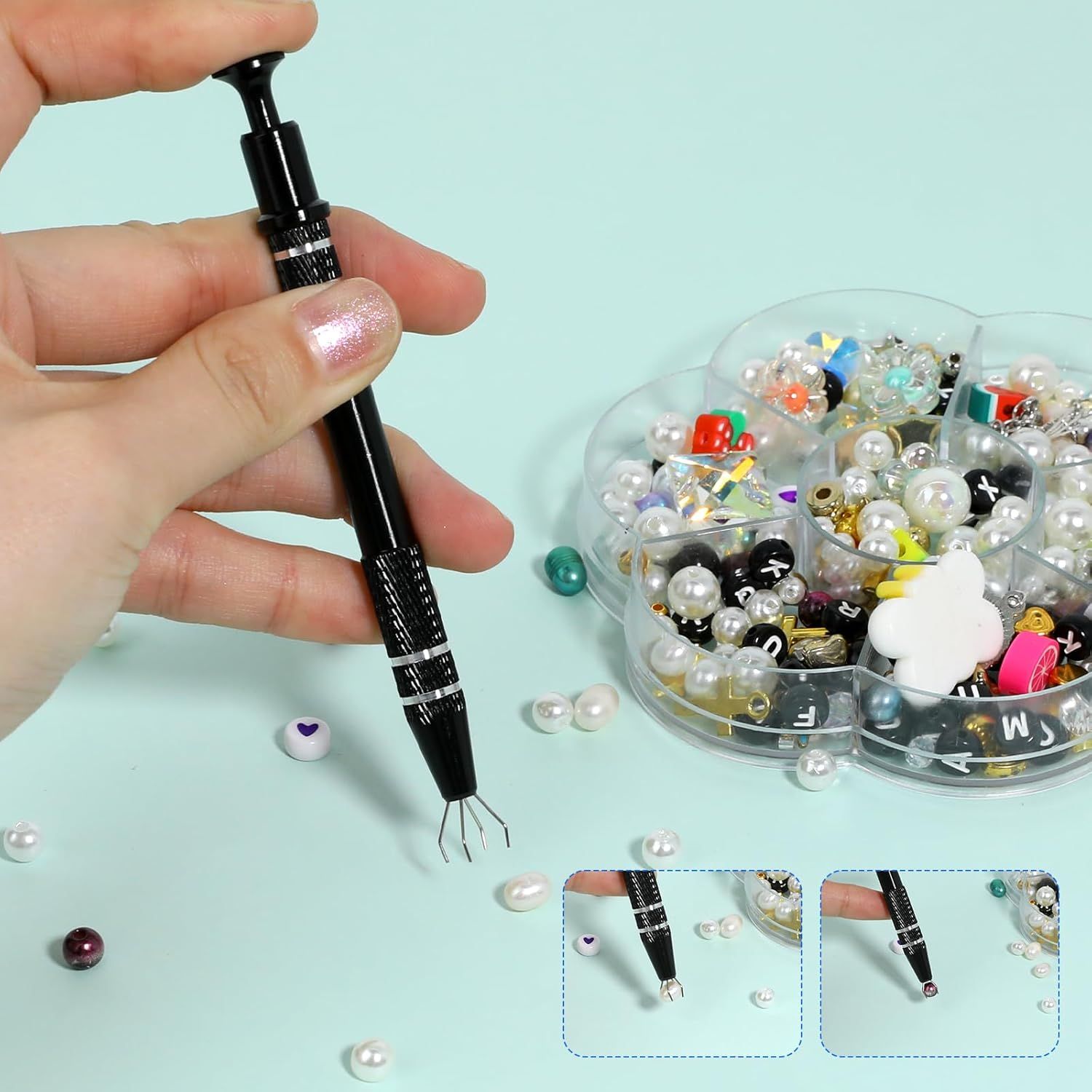 2Pcs 4 Prongs Jeweler's Pick Up Tool Stainless Steel Piercing Ball Grabber 4 Prong Diamond Claw Tweezers Pearl Grabber Pick Up Tool for Tiny Objects Ic Chips Electronic Components - Image 5