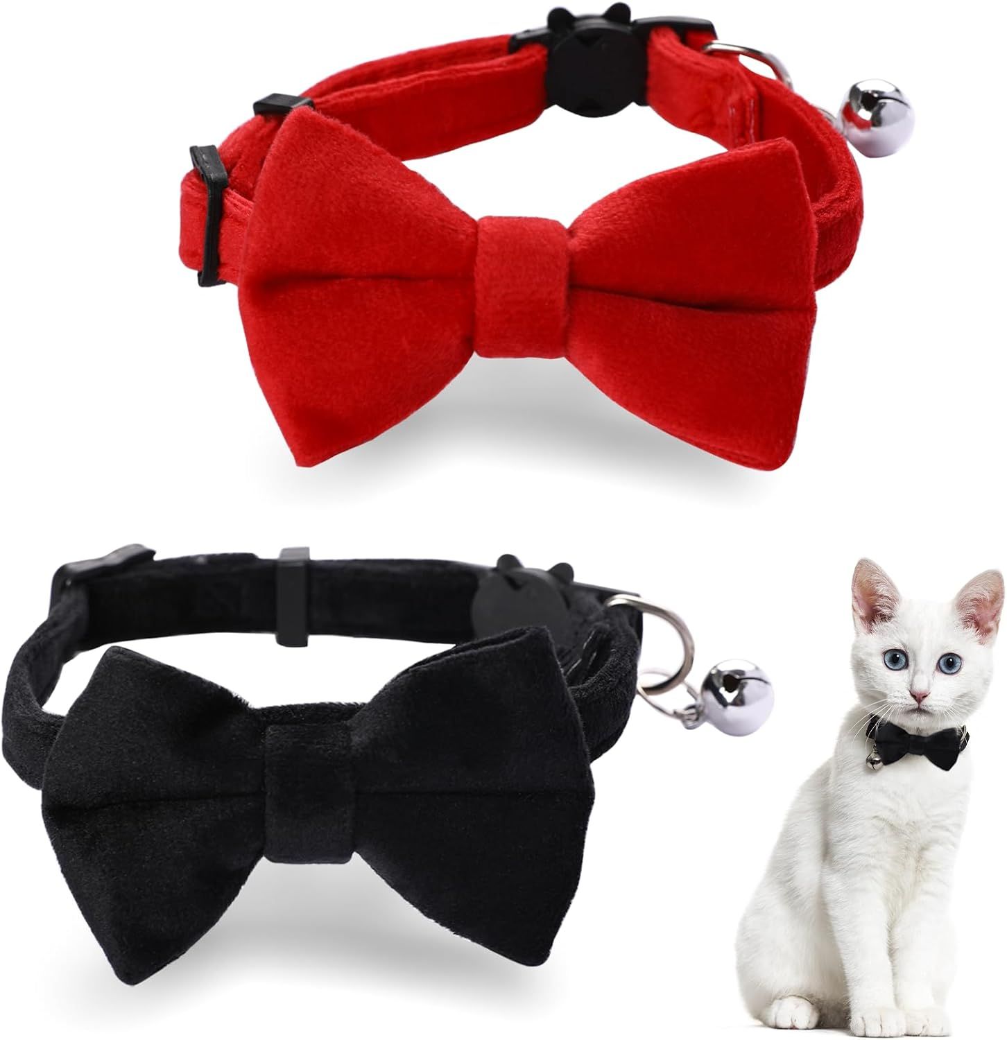 2 Pcs Velvet Cat Collar Cute Cat Bow Tie Collar for Boy Cats Breakaway Kitten Collars with Bell Adjustable Puppy Bow Tie Collar Personalized Collars for Small Pets - Image 1