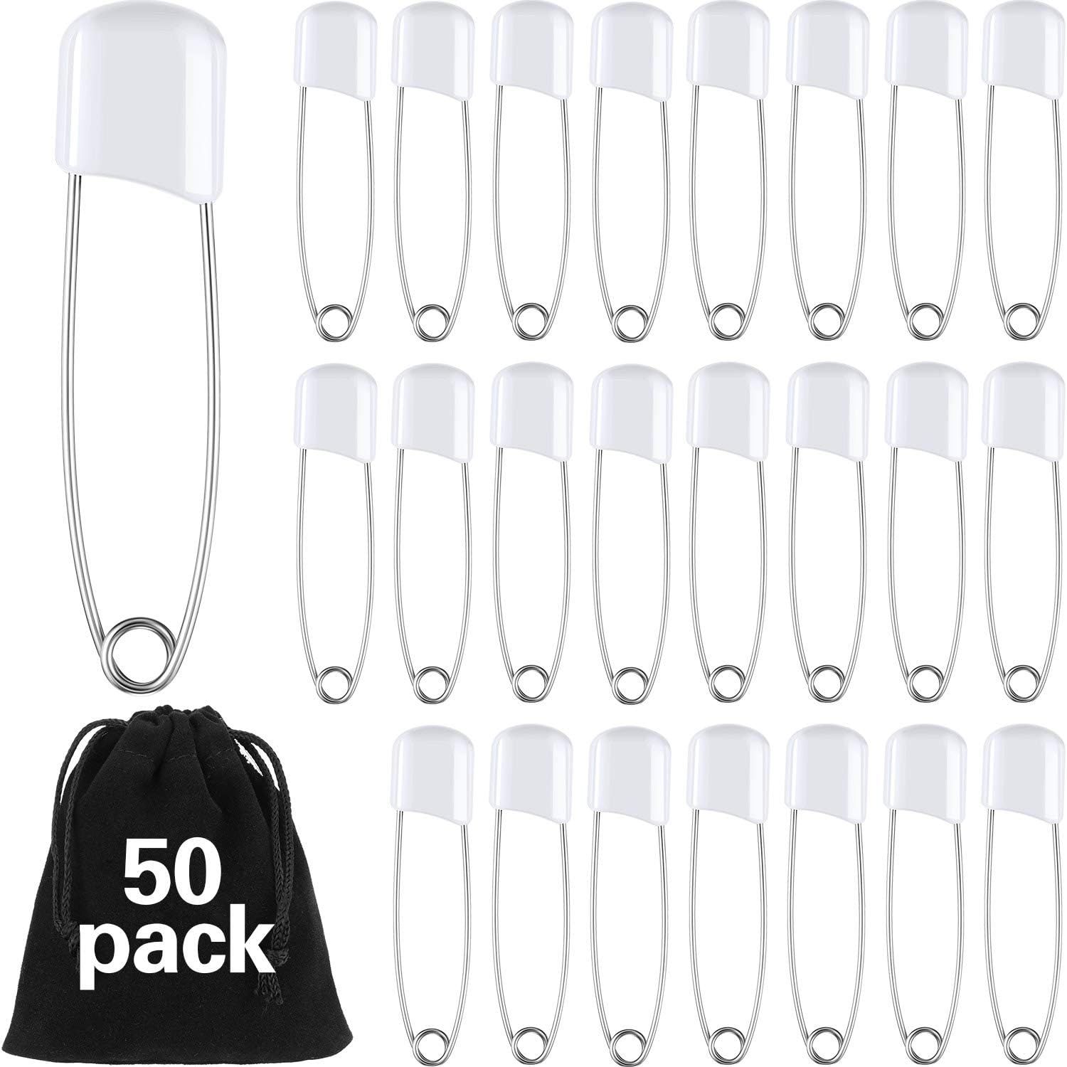 50 Pieces Diaper Pins Safety 2.2 Inch Plastic Head Cloth Diaper Nappy Pins with Locking Closures Stainless Steel with Velvet Bag(White) - Image 1
