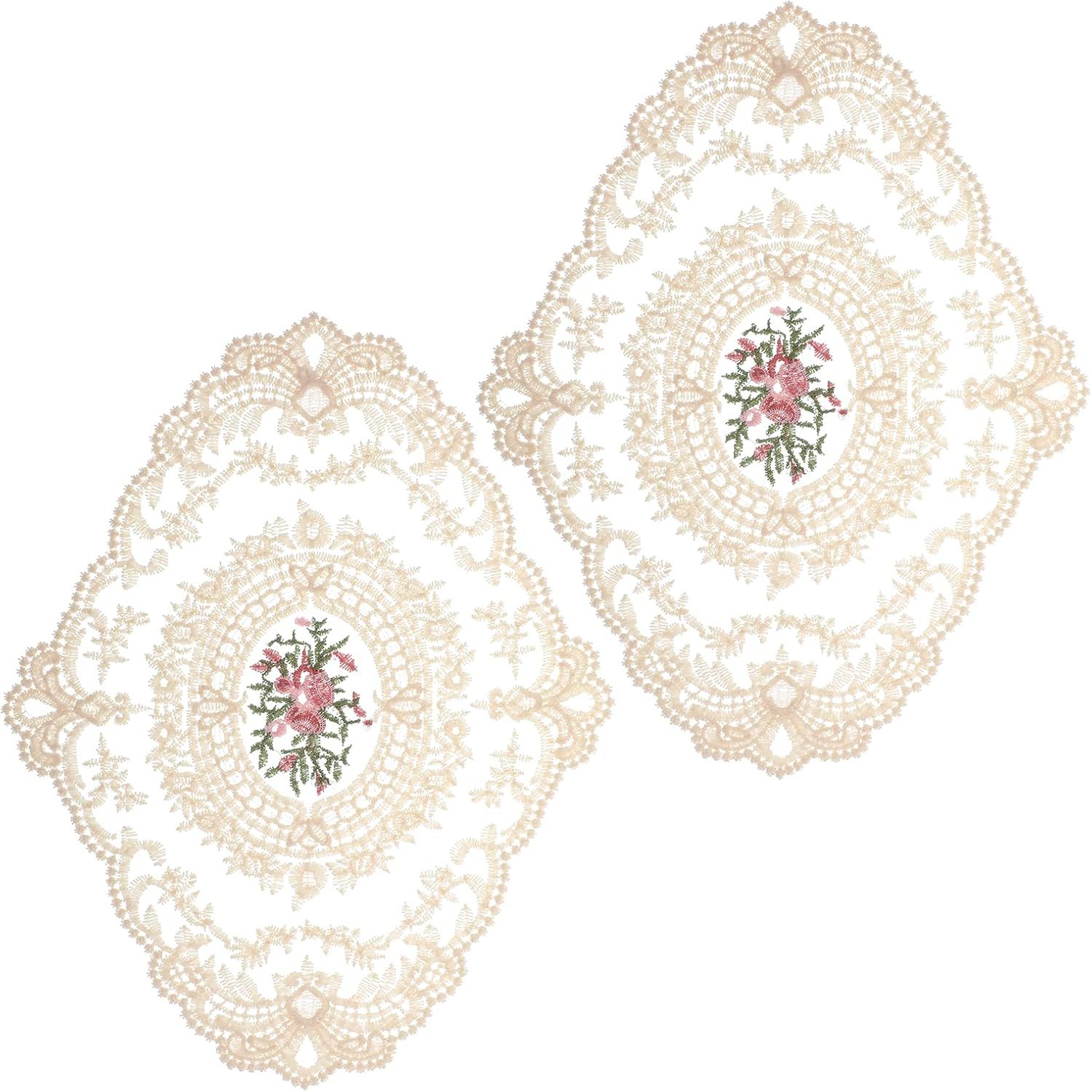 2PCS Lace Doilies for Tables, Lace Placemats Doilies for Tables Beige Embroidered Cup Mats Table Mats, Elegant and Retro for Desktop Decoration, Heat Insulation - Image 1