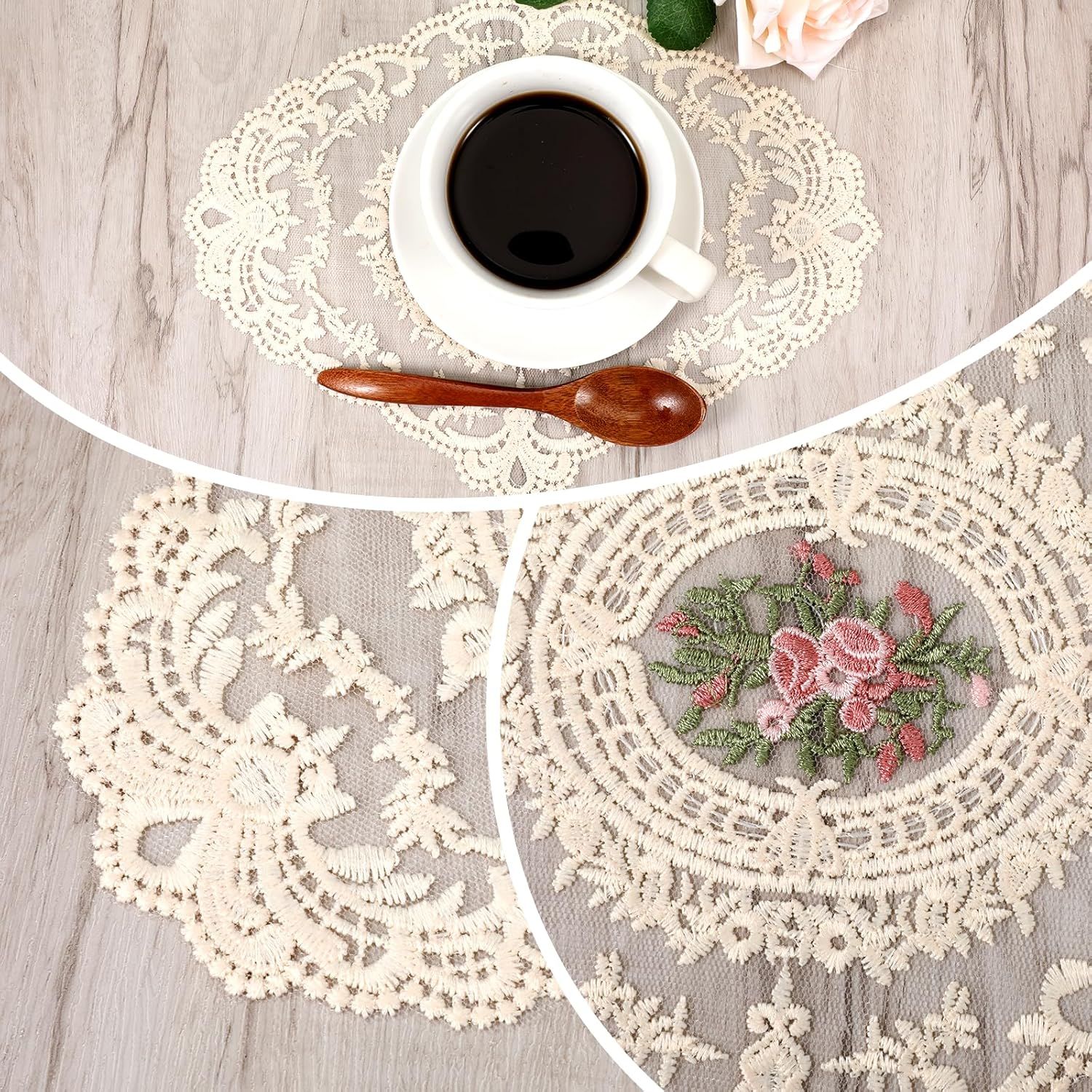 2PCS Lace Doilies for Tables, Lace Placemats Doilies for Tables Beige Embroidered Cup Mats Table Mats, Elegant and Retro for Desktop Decoration, Heat Insulation - Image 4