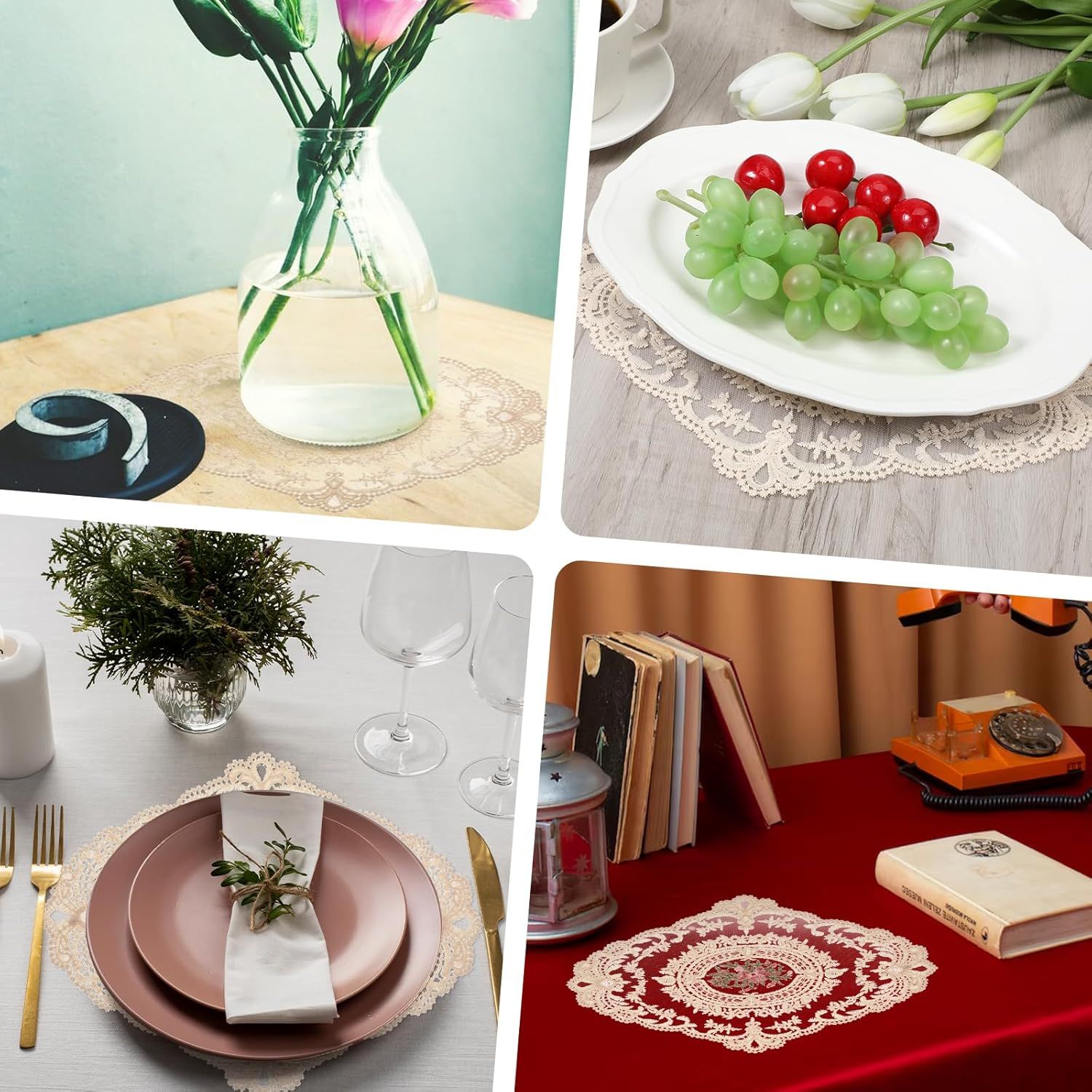2PCS Lace Doilies for Tables, Lace Placemats Doilies for Tables Beige Embroidered Cup Mats Table Mats, Elegant and Retro for Desktop Decoration, Heat Insulation - Image 5