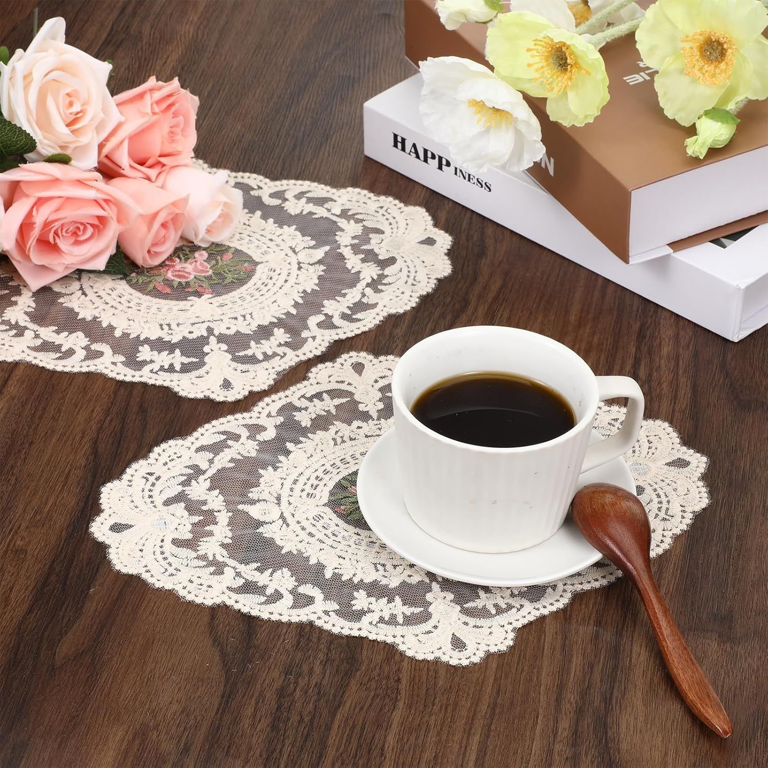 2PCS Lace Doilies for Tables, Lace Placemats Doilies for Tables Beige Embroidered Cup Mats Table Mats, Elegant and Retro for Desktop Decoration, Heat Insulation - Image 7