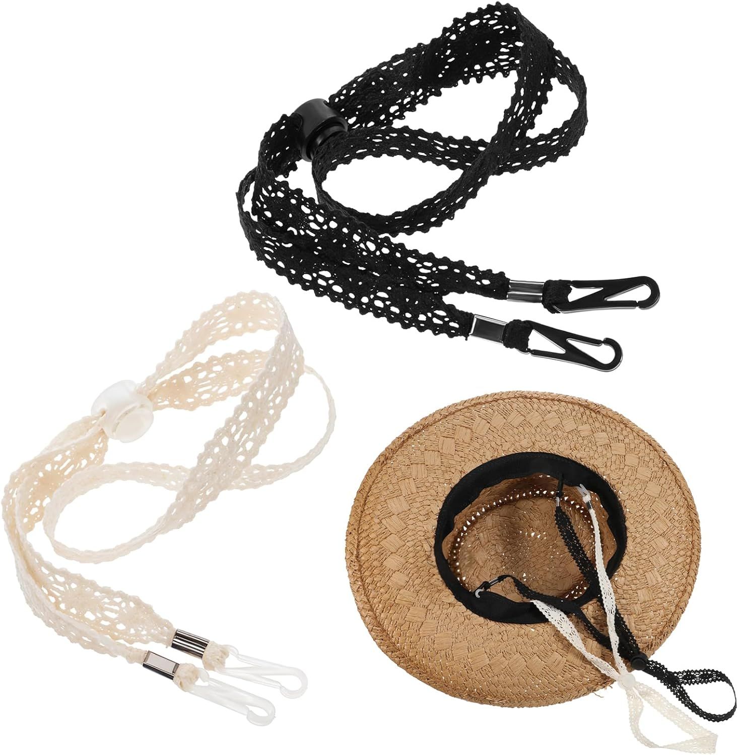 2 PCS Hat Straps for Wind, Adjustable Beige Black Chin Cord, Lace Sun Hat Chin Strap with Clips, Replacement Lace Windproof Keeper String for Women Outdoor Hats - Image 1