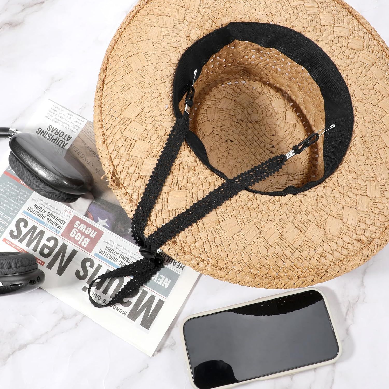 2 PCS Hat Straps for Wind, Adjustable Beige Black Chin Cord, Lace Sun Hat Chin Strap with Clips, Replacement Lace Windproof Keeper String for Women Outdoor Hats - Image 5