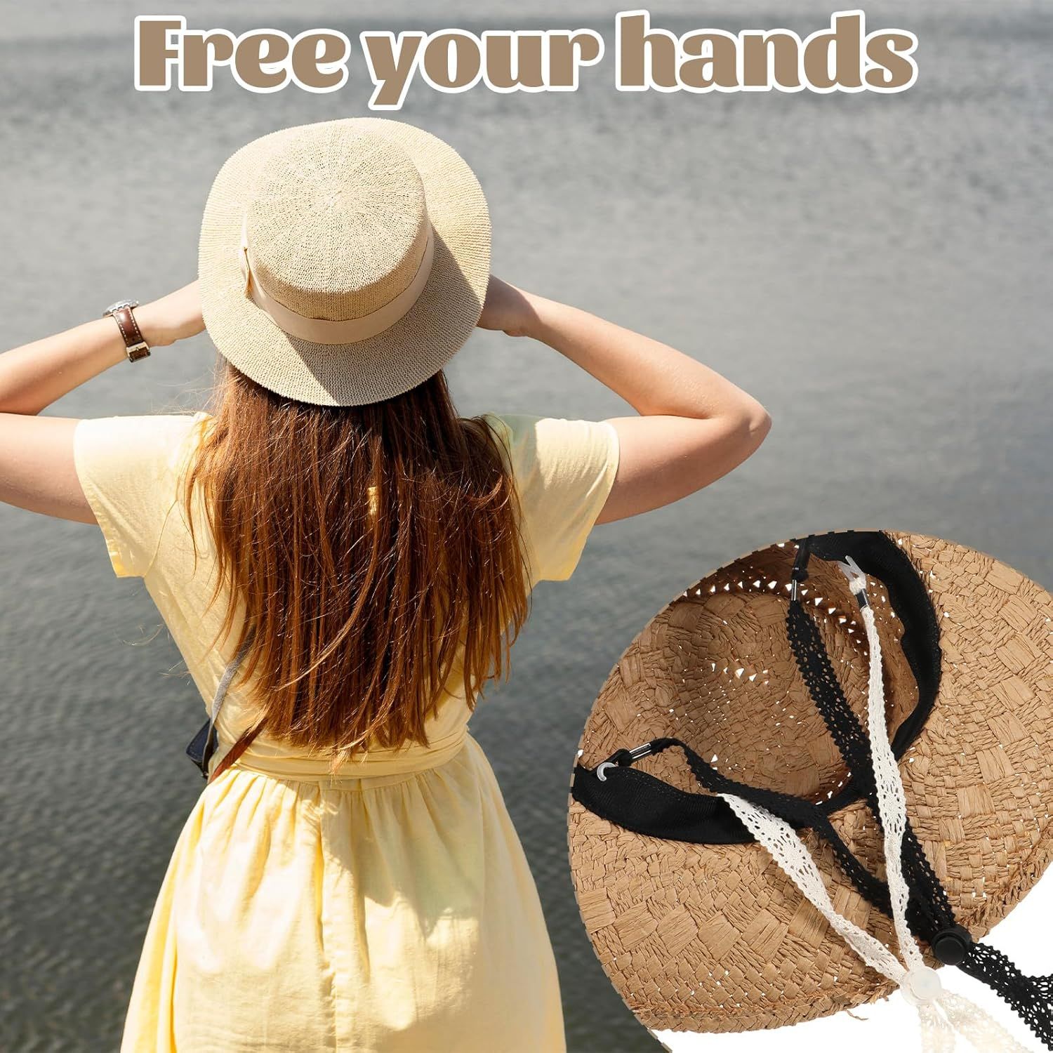 2 PCS Hat Straps for Wind, Adjustable Beige Black Chin Cord, Lace Sun Hat Chin Strap with Clips, Replacement Lace Windproof Keeper String for Women Outdoor Hats - Image 6