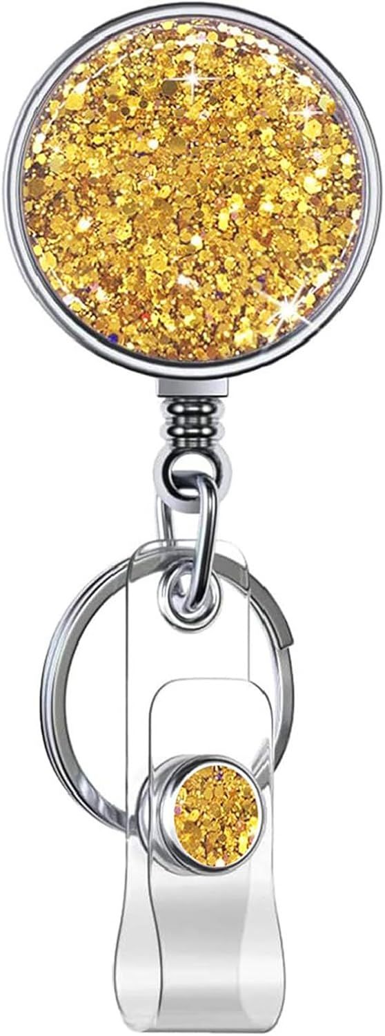 Bling Circular Retractable Badge Holder, Retractable Badge Reels with Key Ring Backing Belt Clip for Nurse,Medical Healthcare Worker, Volunteer,Teacher,Student (1 Pack-Yellow) - Image 1
